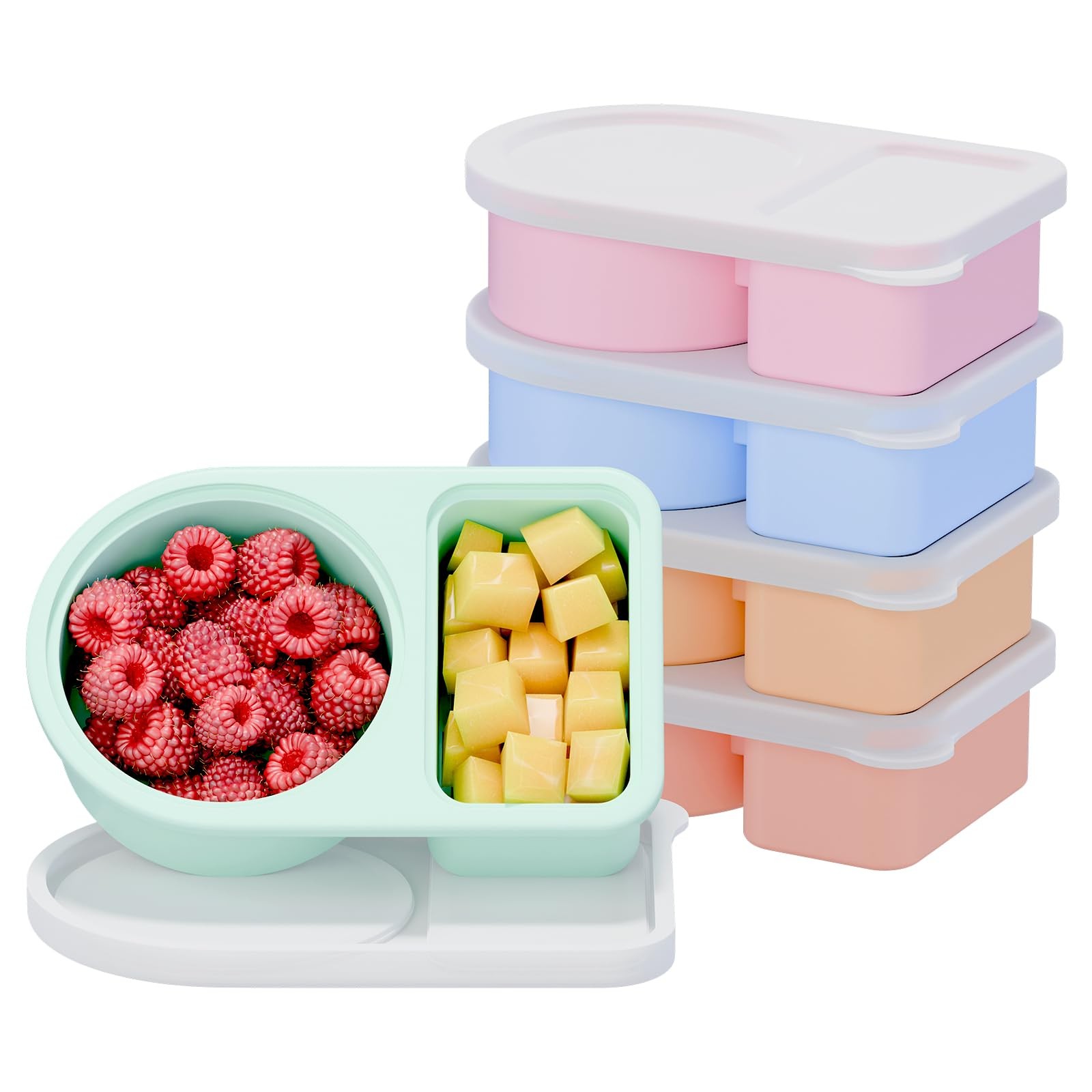 5 Pack Silicone Snack Containers, 2 Compartments Mini Size, Rainbow Color
