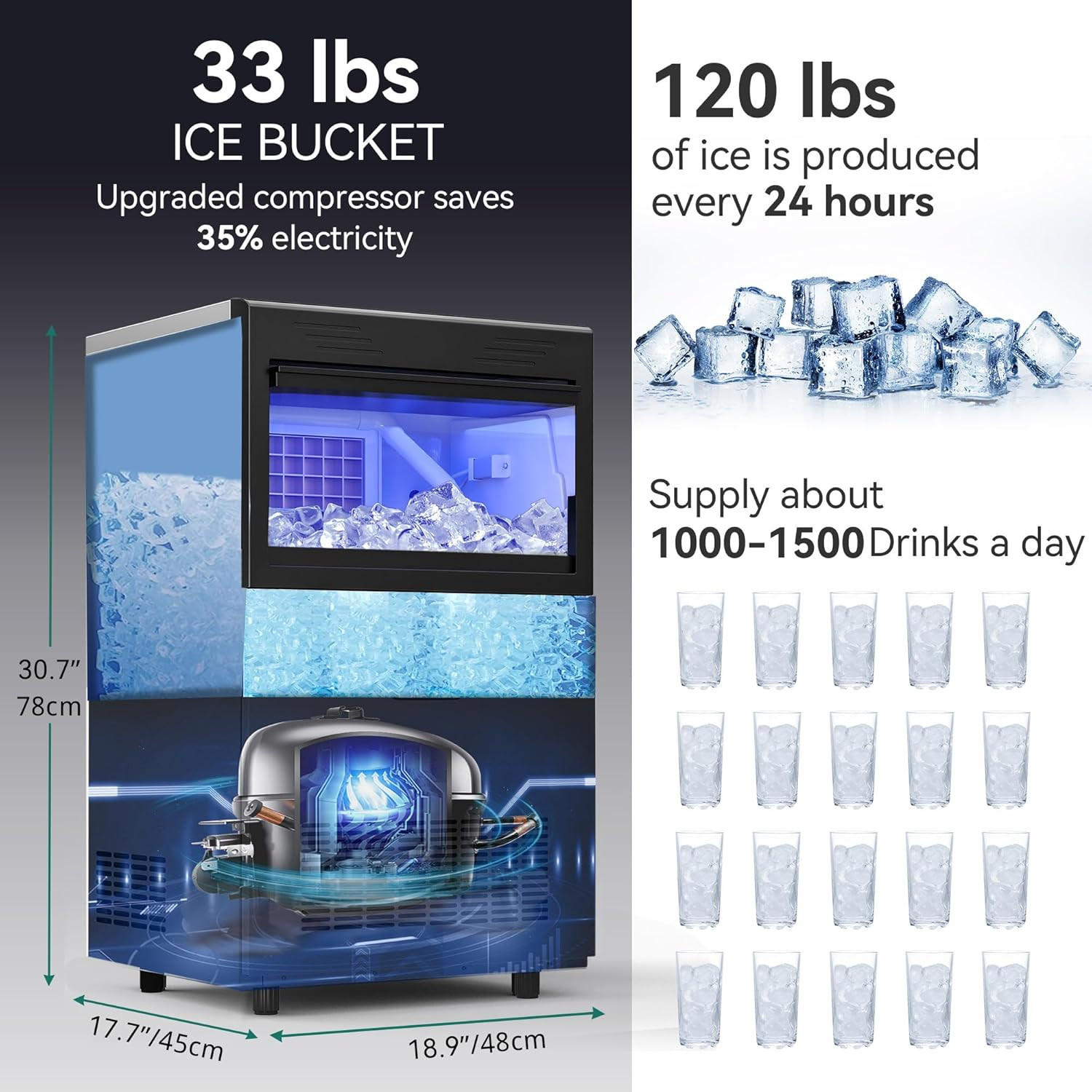 120Lbs Commercial Ice Maker with 33Lbs Storage Bin for Home & Business