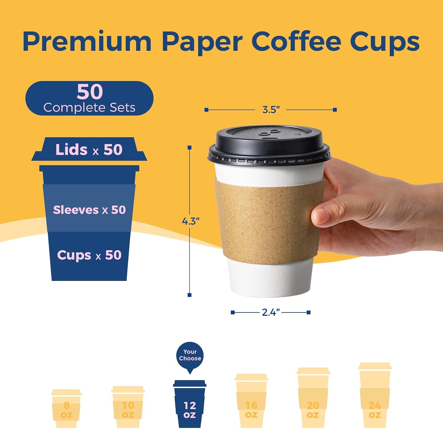 50 Pack Disposable Coffee Cups with Lids Sleeves Leak Proof 12 oz Meal Prep
