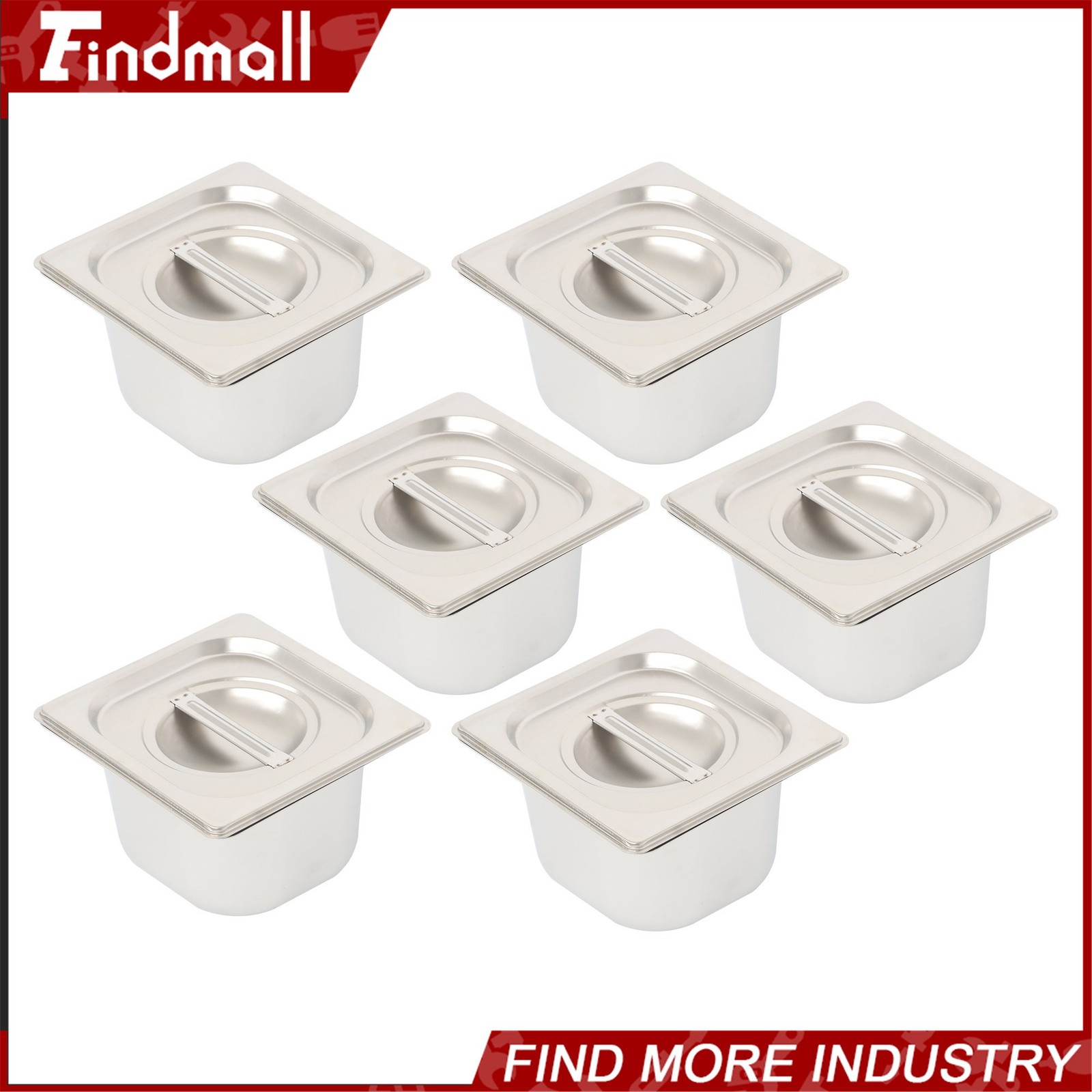 Findmall 6 PCS Stainless Steel Hotel Pans 1/6 Size 4″ Deep with Lids