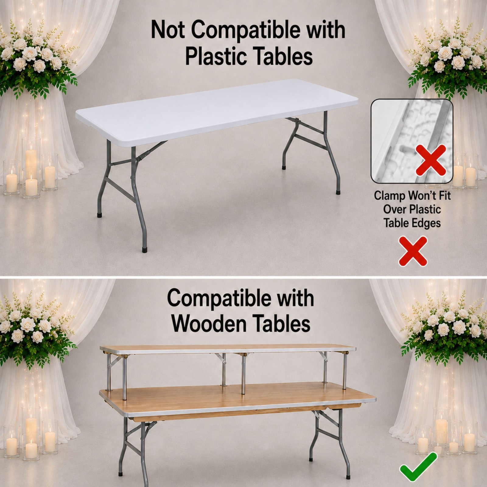 Folding Table Riser 4ft Wood Bar Top with Clamps for Wooden Rectangular Tables