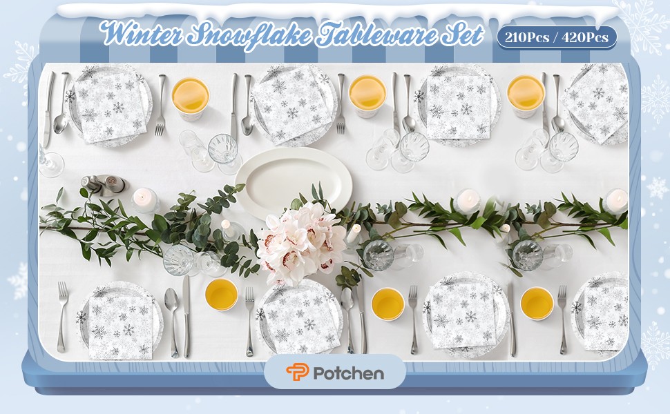 210 Pcs Winter Snowflake Paper Plates and Napkins Set Winter Wonderland Birthday