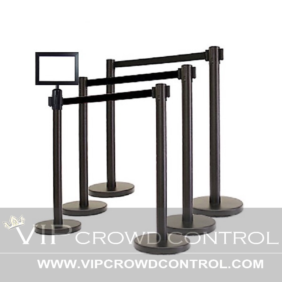 RETRACTABLE BELT STANCHION, 6 POSTS+LANDSCAPE SIGN FRAME, 36″ HT & 78″ BLK BELT