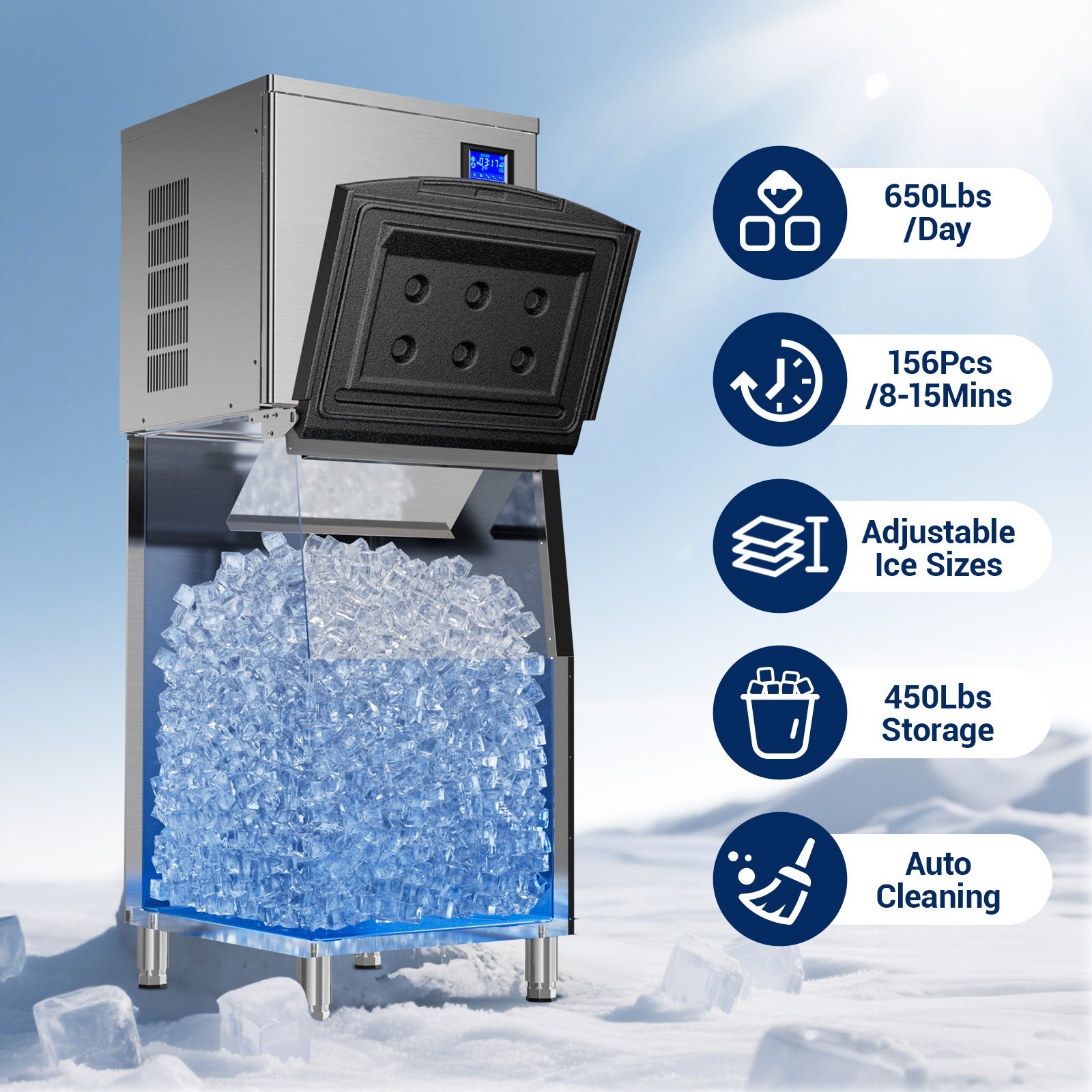 Commercial Ice Maker 650Lbs/24H Under Counter Ice Machine, 450LBS Storage Bin