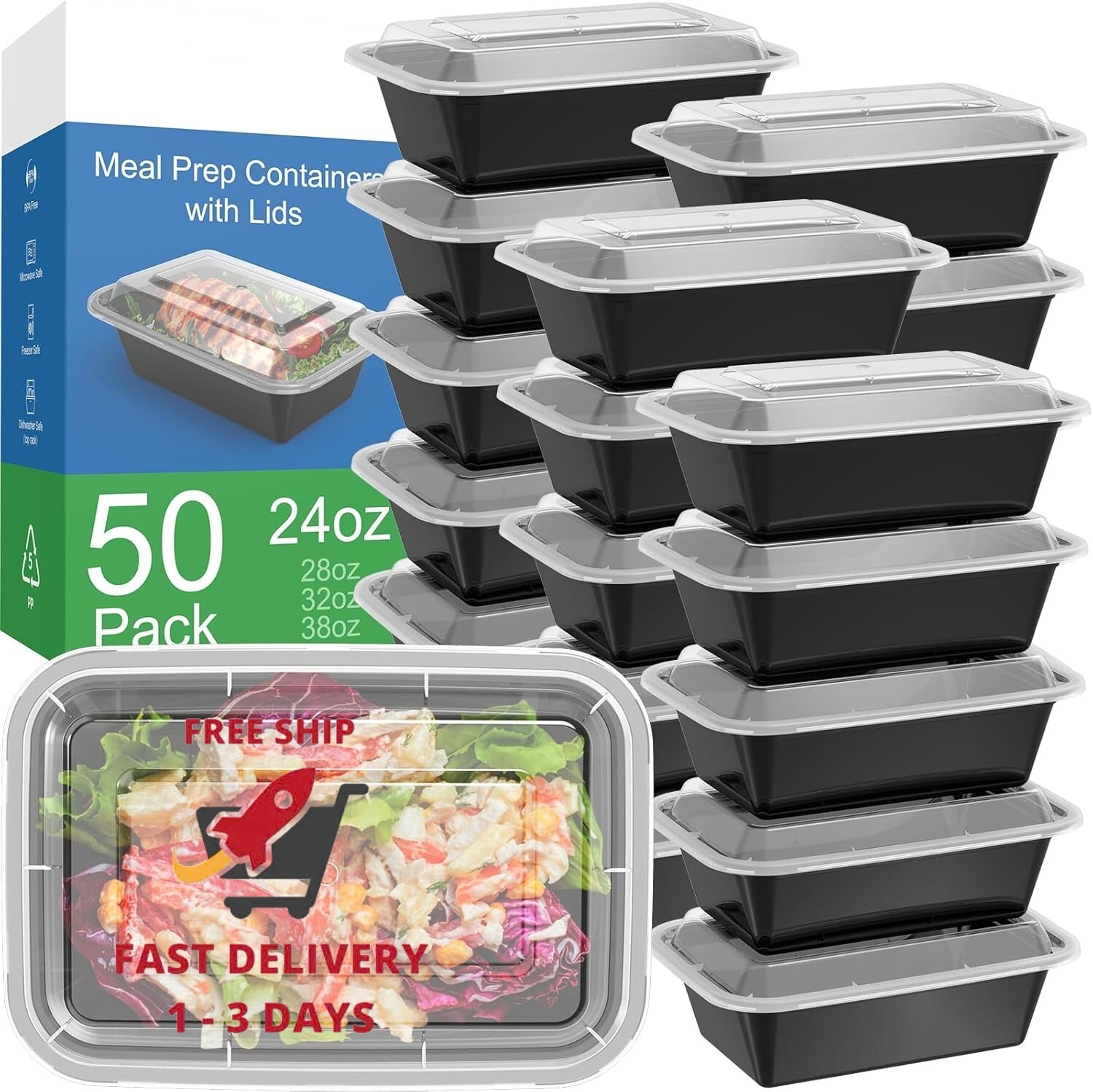 Paquete de 50 (100 piezas) de recipientes reutilizables para preparar comidas de