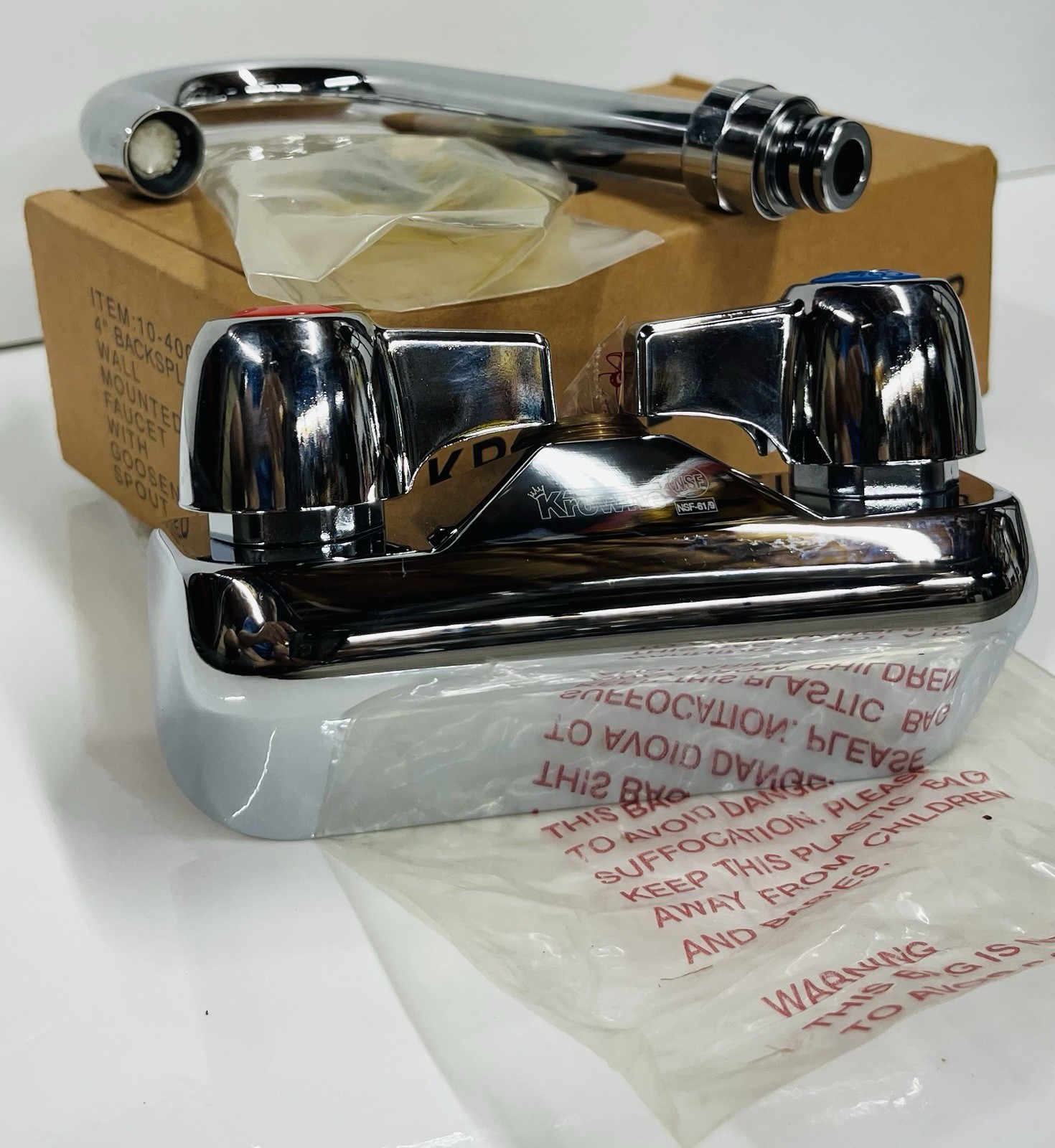 KROWNE…Commercial Wall Mount Sink Faucet 4″ with 3 1/2″ Gooseneck Spout 10-400