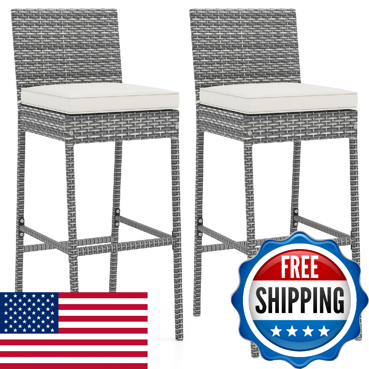 Costway Outdoor Wicker Bar Stools Set Of 2 30 Patio Bar Height Chairs Cushion