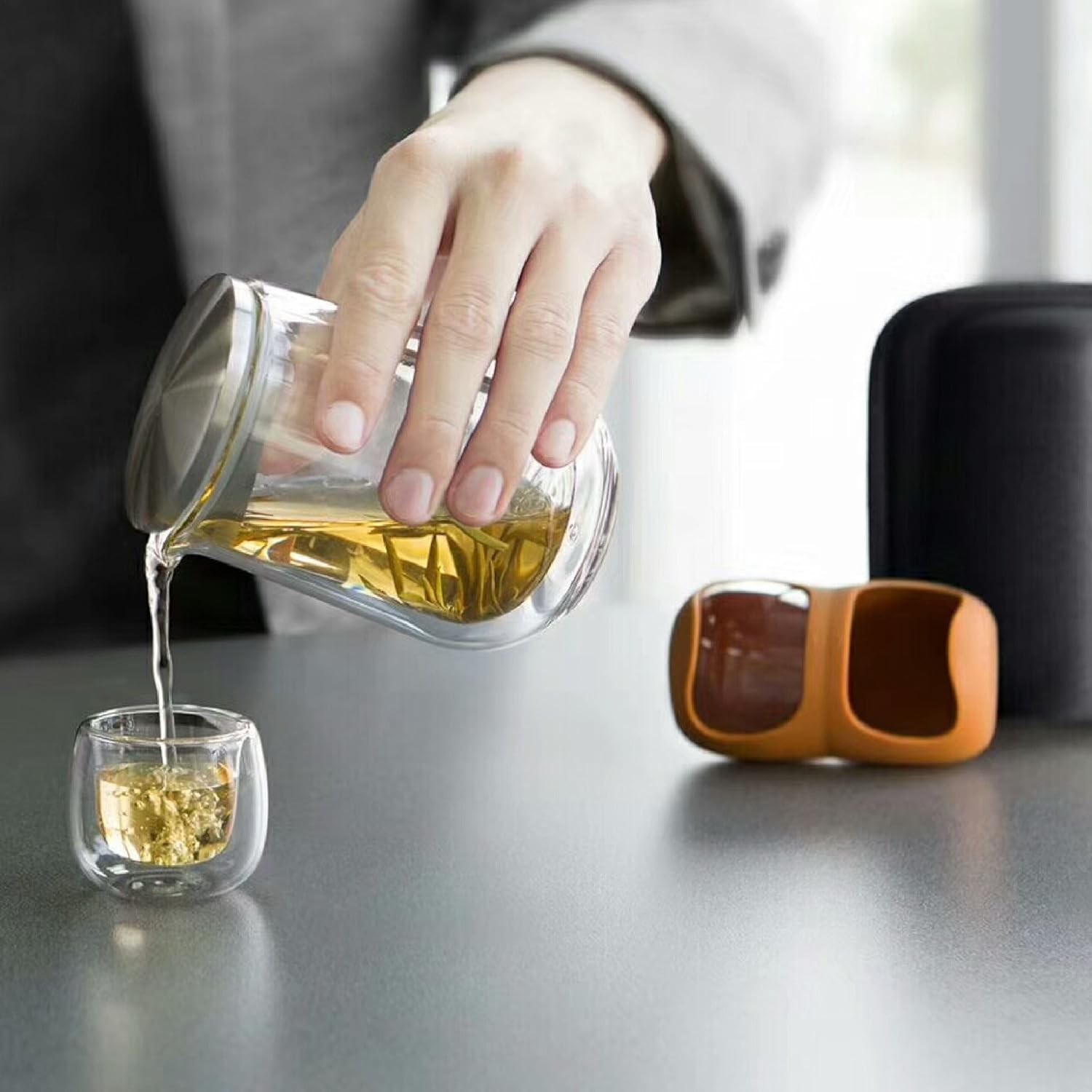 Portable Travel Double Wall Glass Tea Set with Insulated Glass Teapot and 2