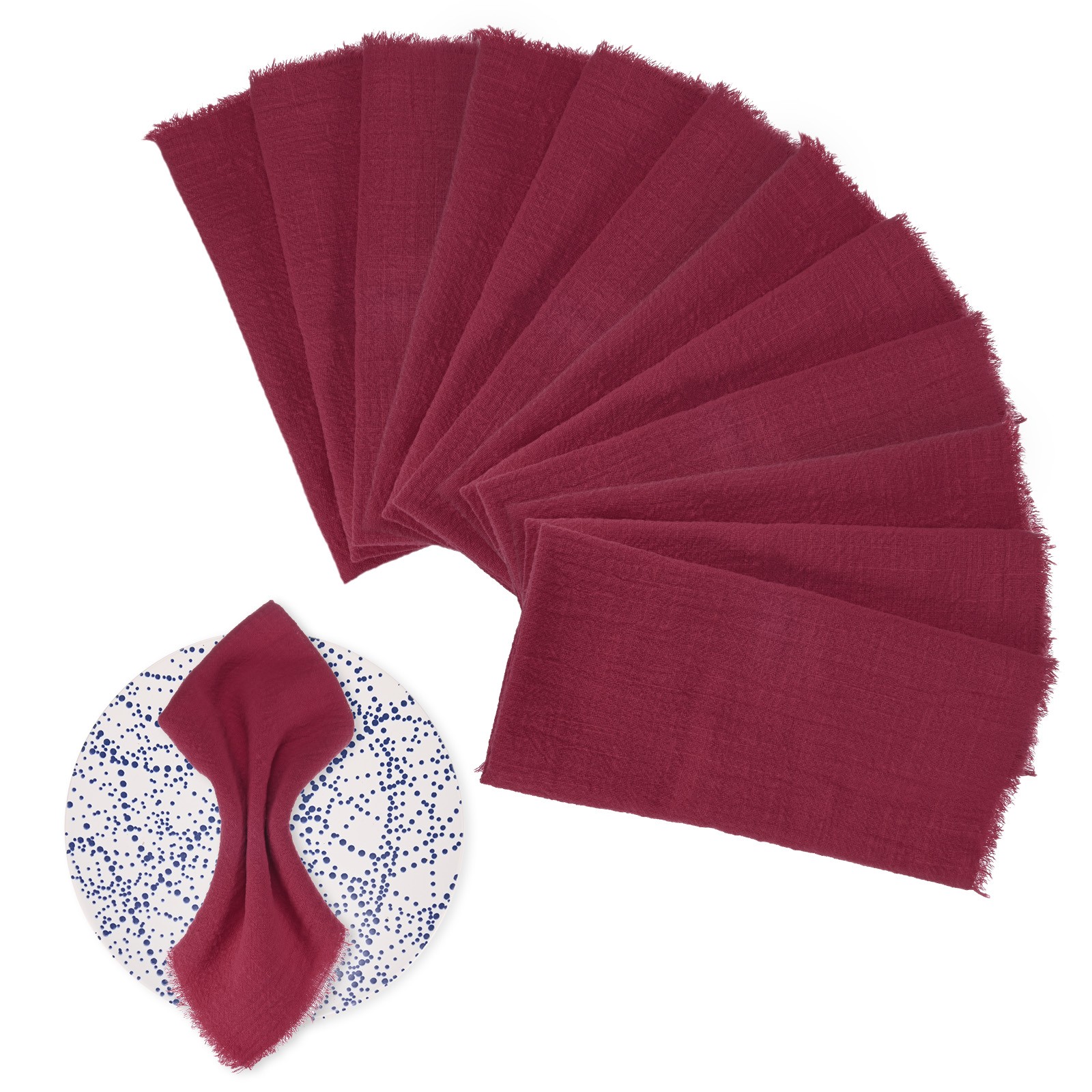 12-Pack 17″ x 17″( L x W ) Cotton Linen Fall Napkins with Fringe [Wine Red]