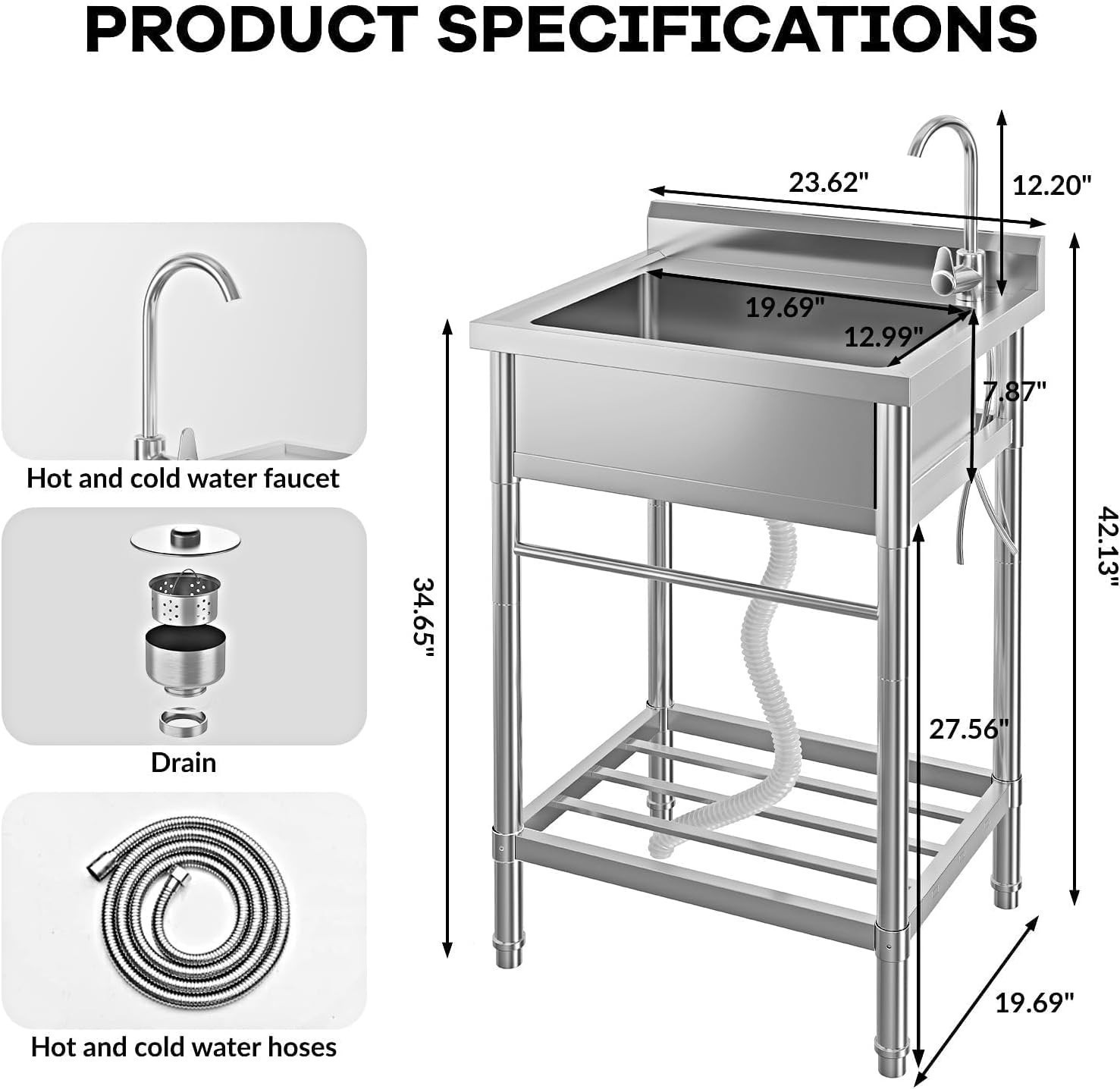Free Standing Utility Sink Single Bowl Commercial Sink Cold and Hot Water Pipe