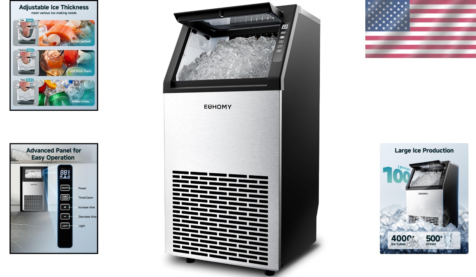 Adjustable Ice Thickness Ice Maker with 33 lbs Bin – Perfect for Bars & Homes
