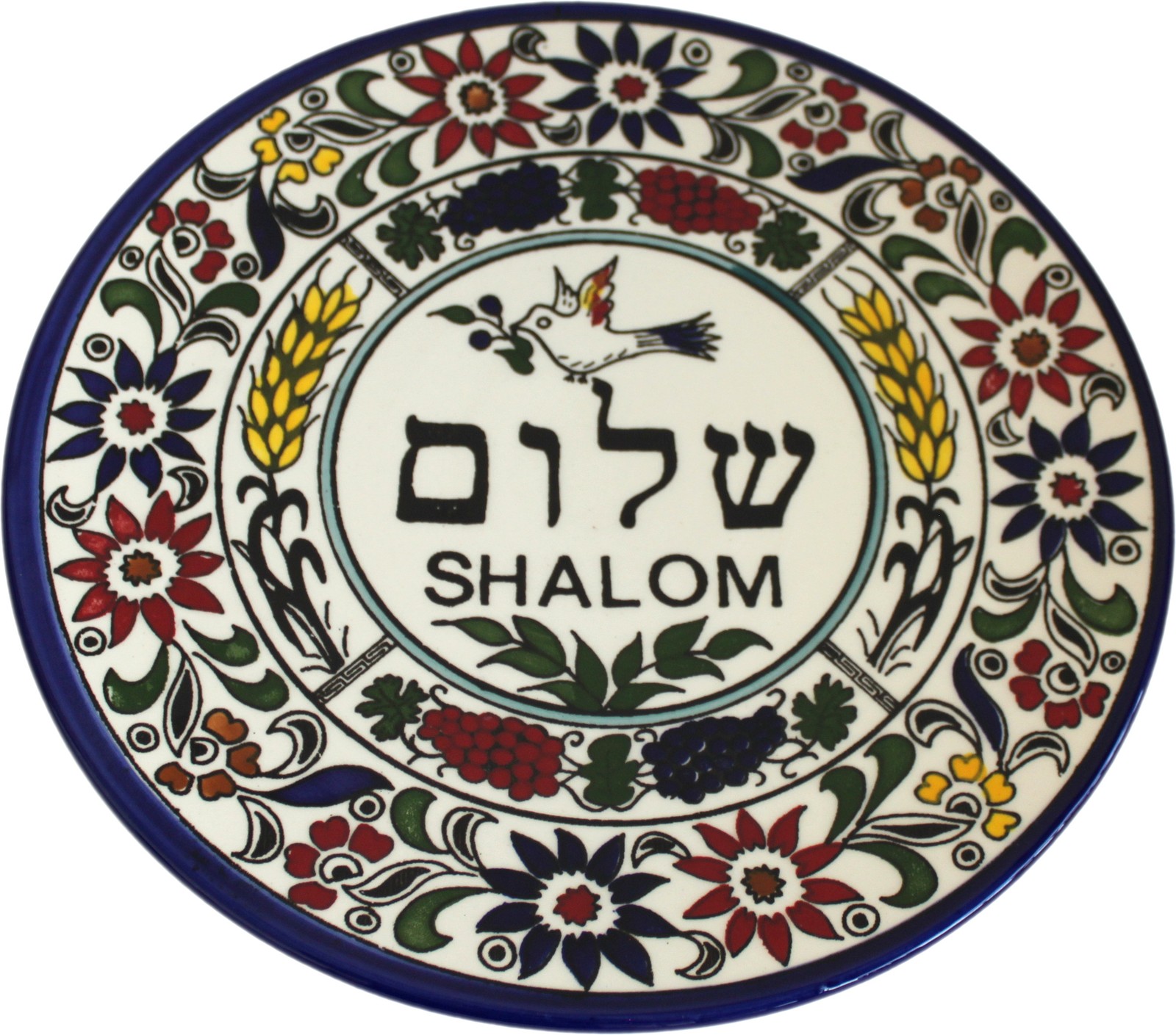 Shalom / Peace with pigeon Armenian ceramic plate – Large (11 inches or 27 cm) –