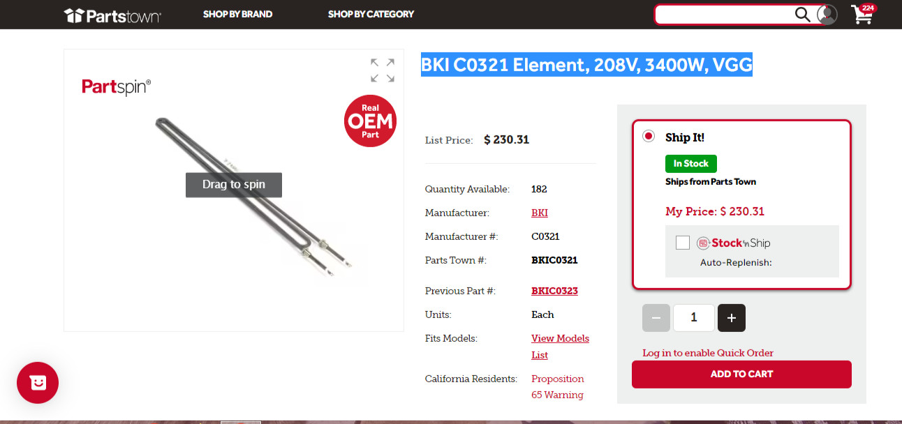 BKI C0321 Element, 3400W, 208V, VGG – Free Shipping + Genuine OEM