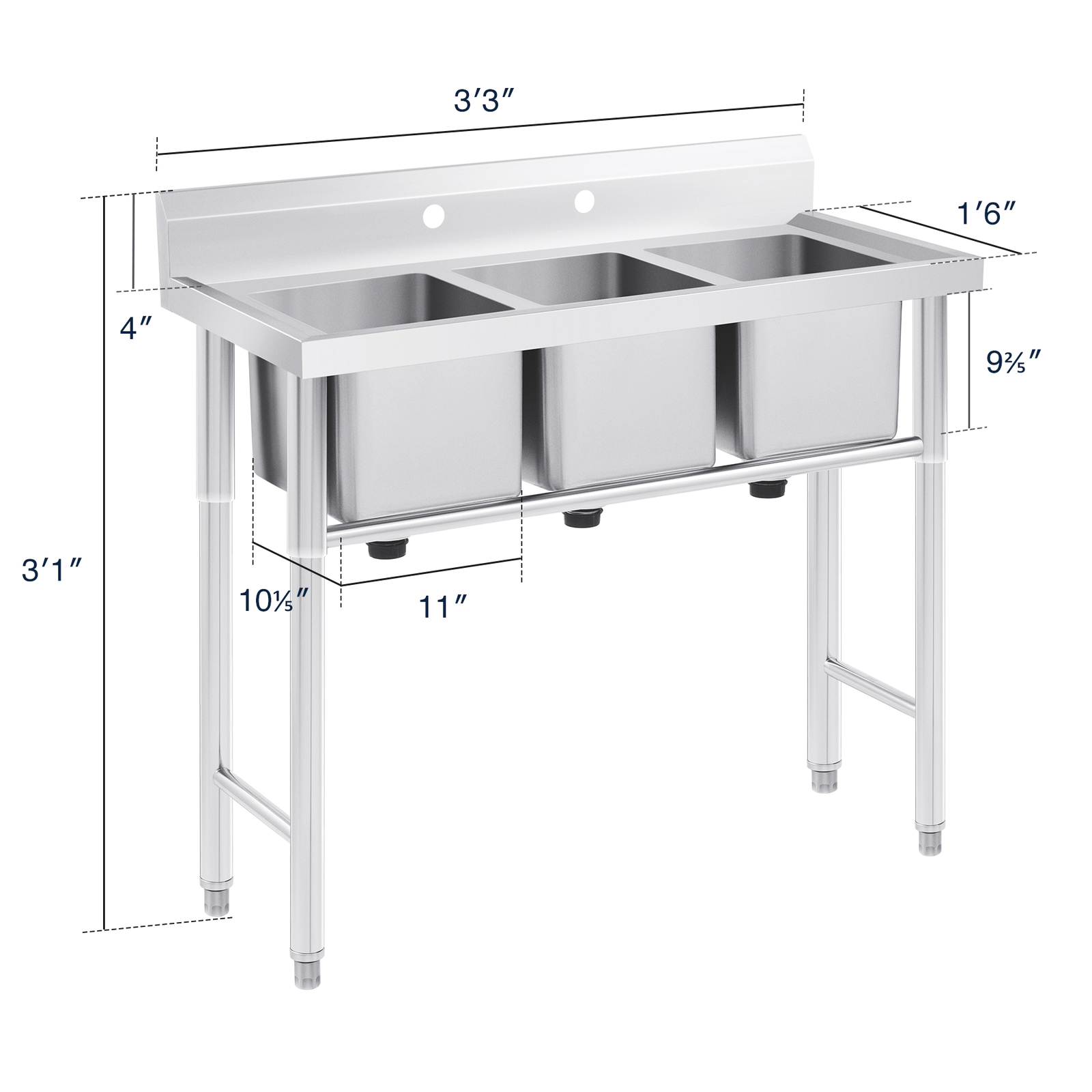 40″ Commercial Kitchen Sink Stainless Steel Utility Sink 3 Compartment – Used