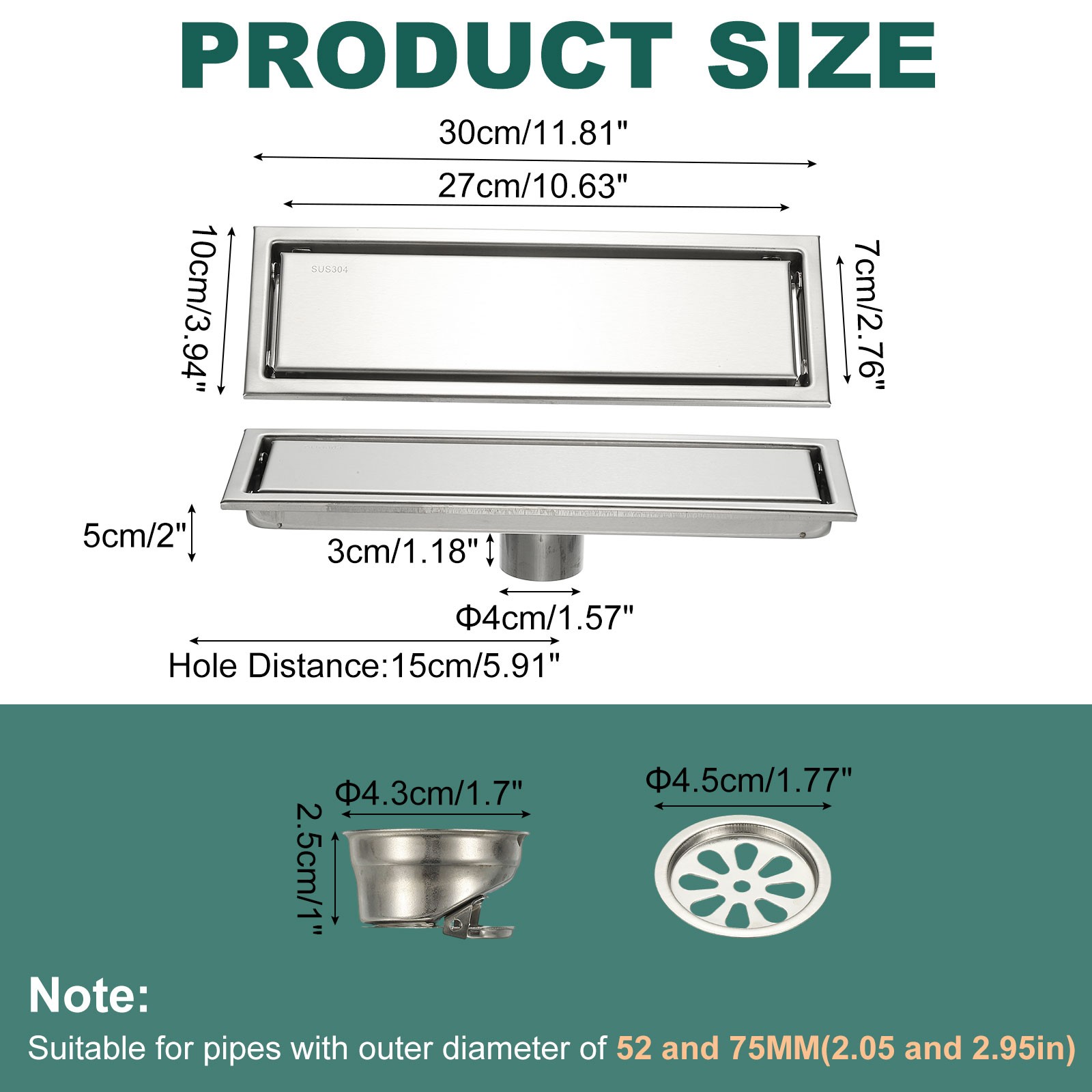 Rectangular Shower Drain Odor-proof Floor Drain 12 Inch Brushed Silver
