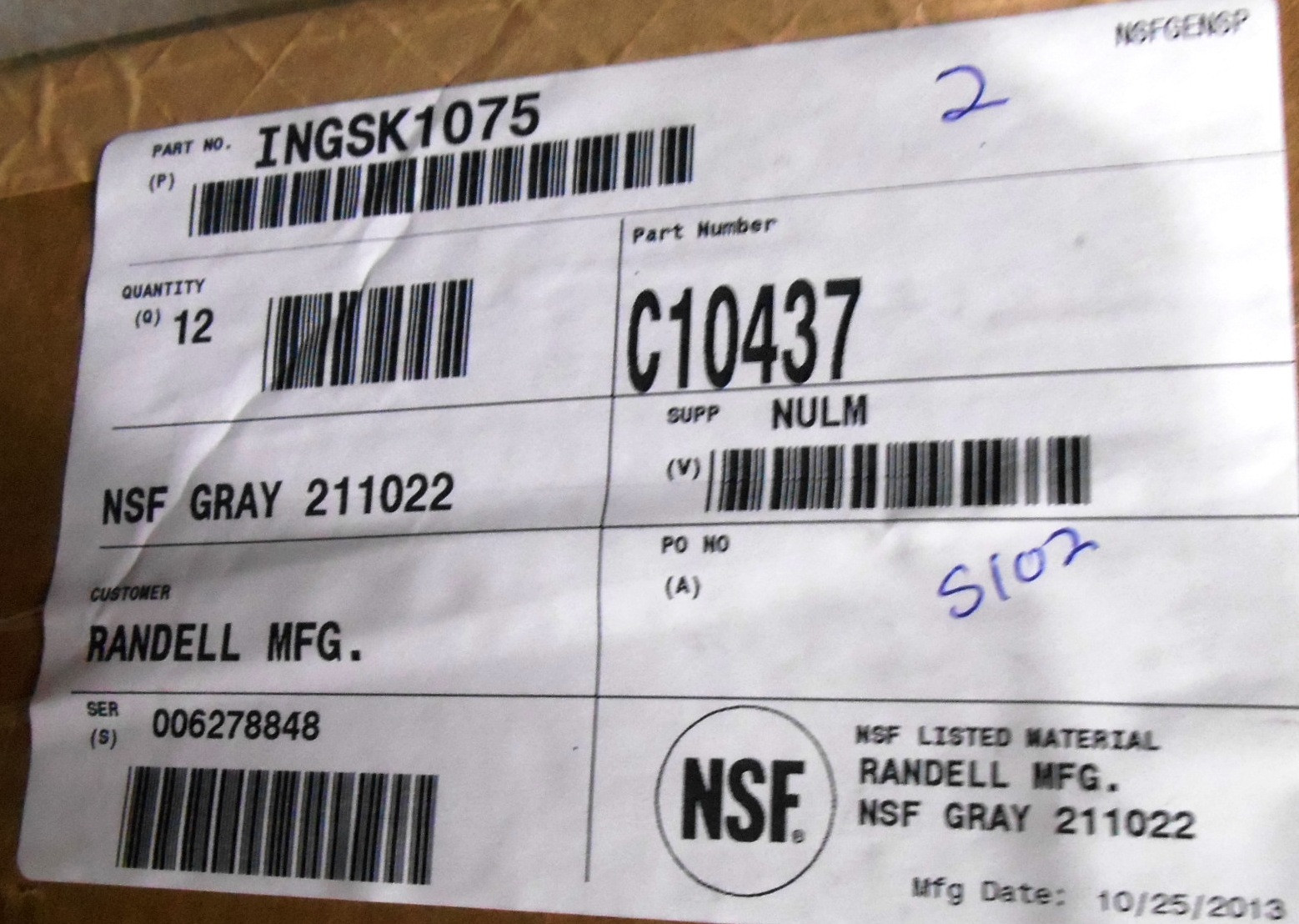 (1) RANDELL INGSK1075 DRAWER GASKET 7-5/16” X 29-3/4” PUSH IN GRAY