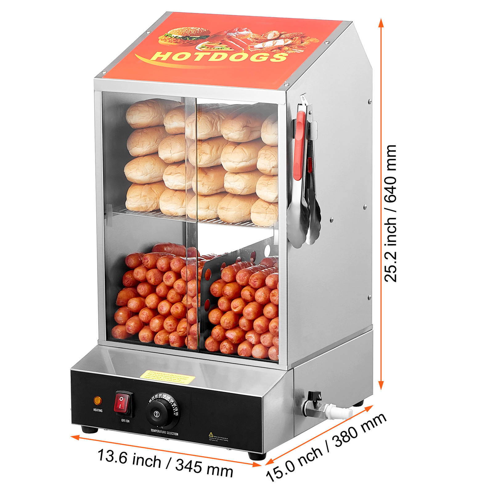 40L Commercial Hot Dog Bun Steamer 2-Tier Electric Warmer Display Slide Doors