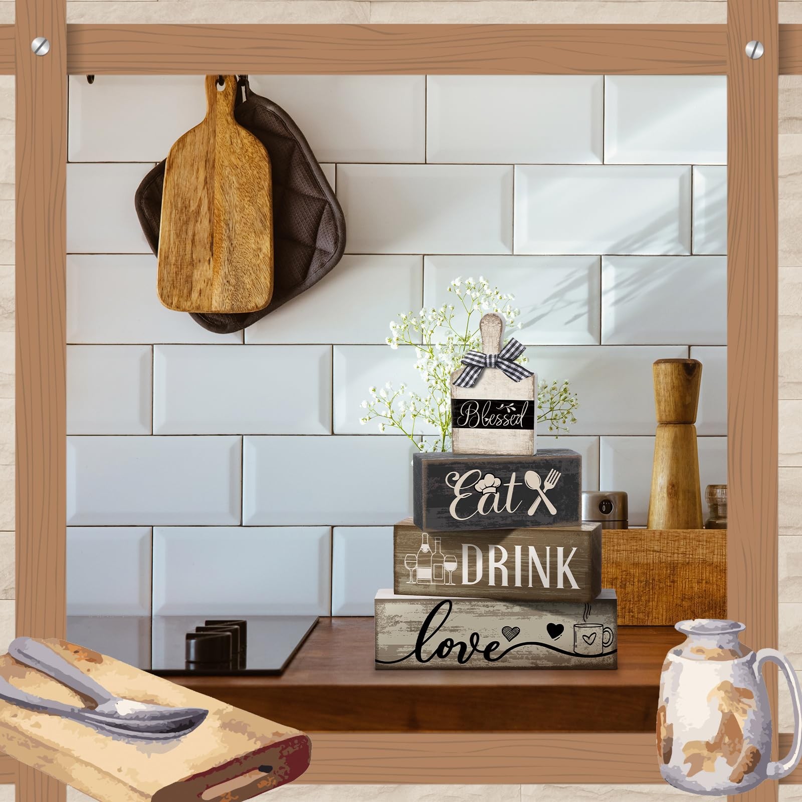 Moucuny 4 Pcs Farmhouse Kitchen Decor Wooden Plate Table