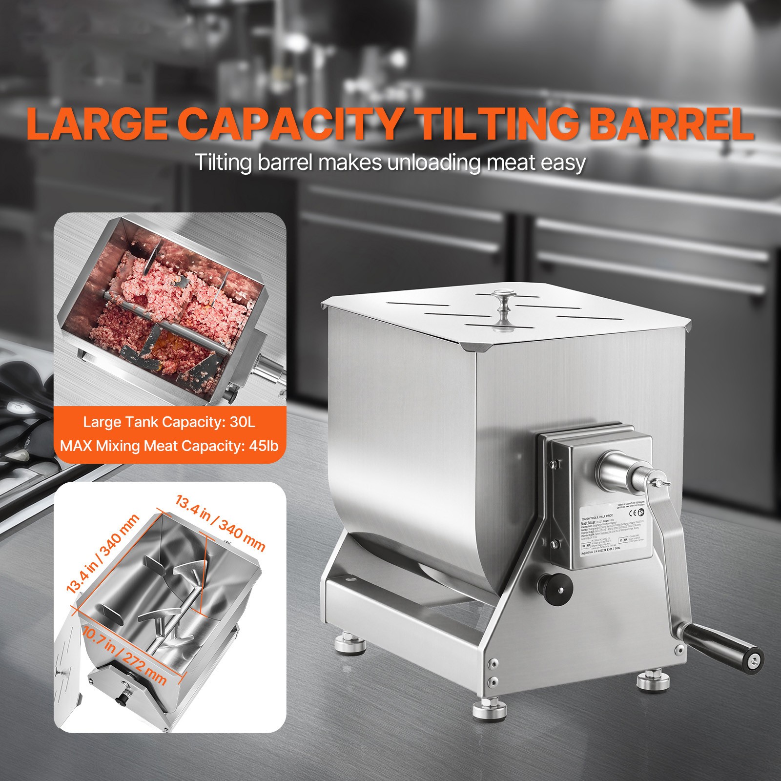 Uimoso Manual Meat Mixer 30L Tilt Tank Mixing Max 45LB for Meat Sausage Mixer
