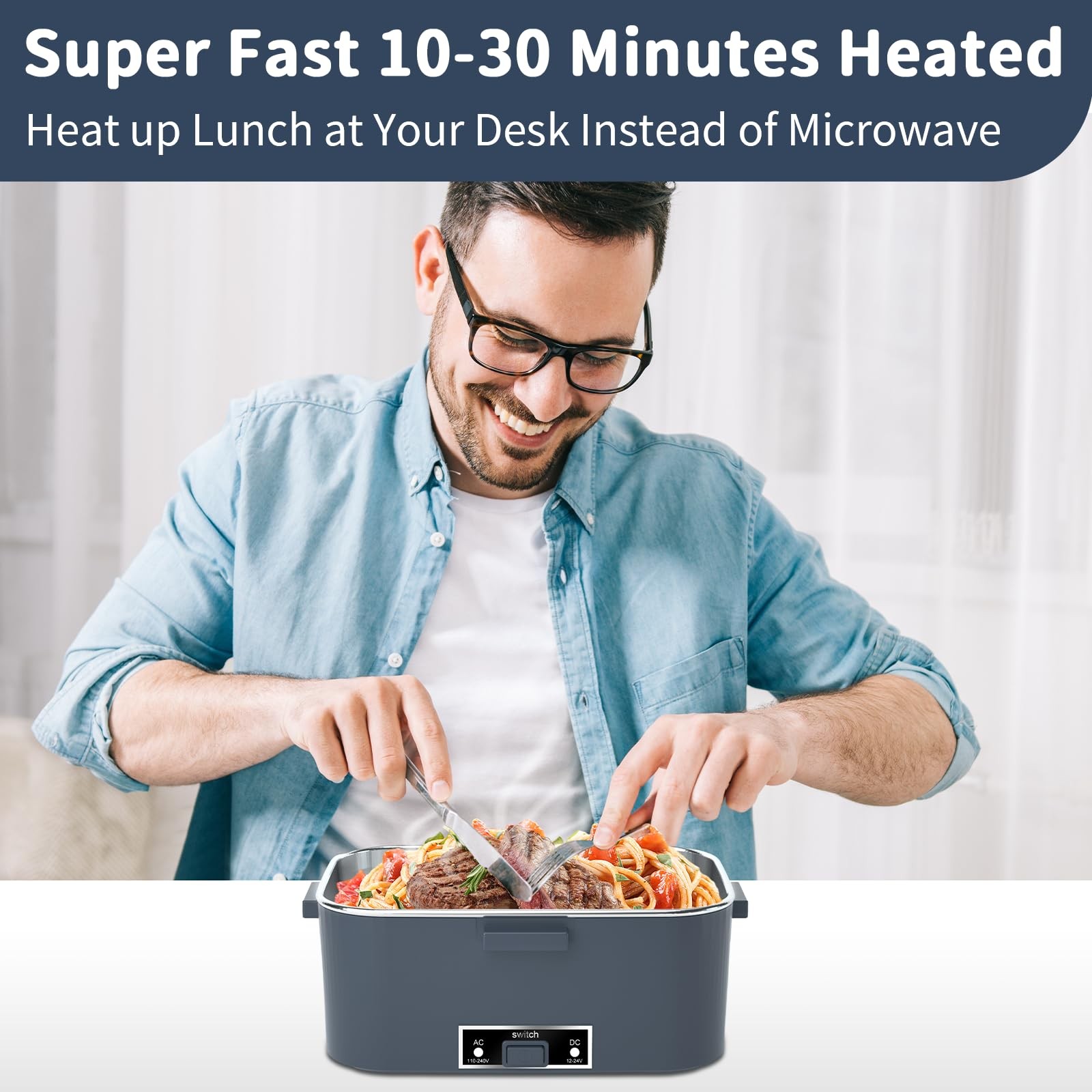 Electric Heated Lunch Box for Adults with 2 Pack 1.8L 2 Container-1.8L, Blue
