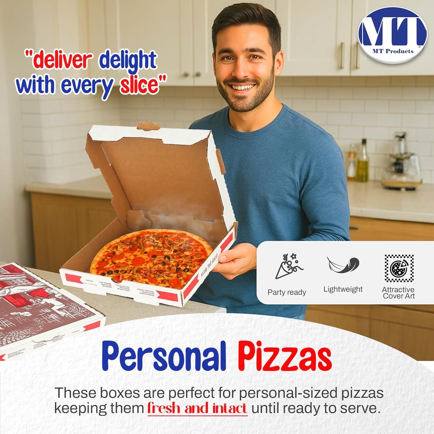 MT Products White and Red B-Flute Pizza Boxes 16″ x 16″ x 2″ – Pack of 10