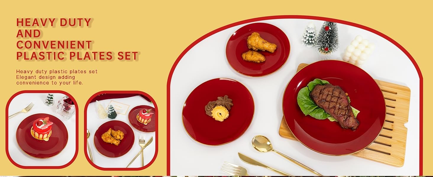 MirthMood 210pcs Red Plastic Plates,Disposable Red Gold Party Plates,Include 30
