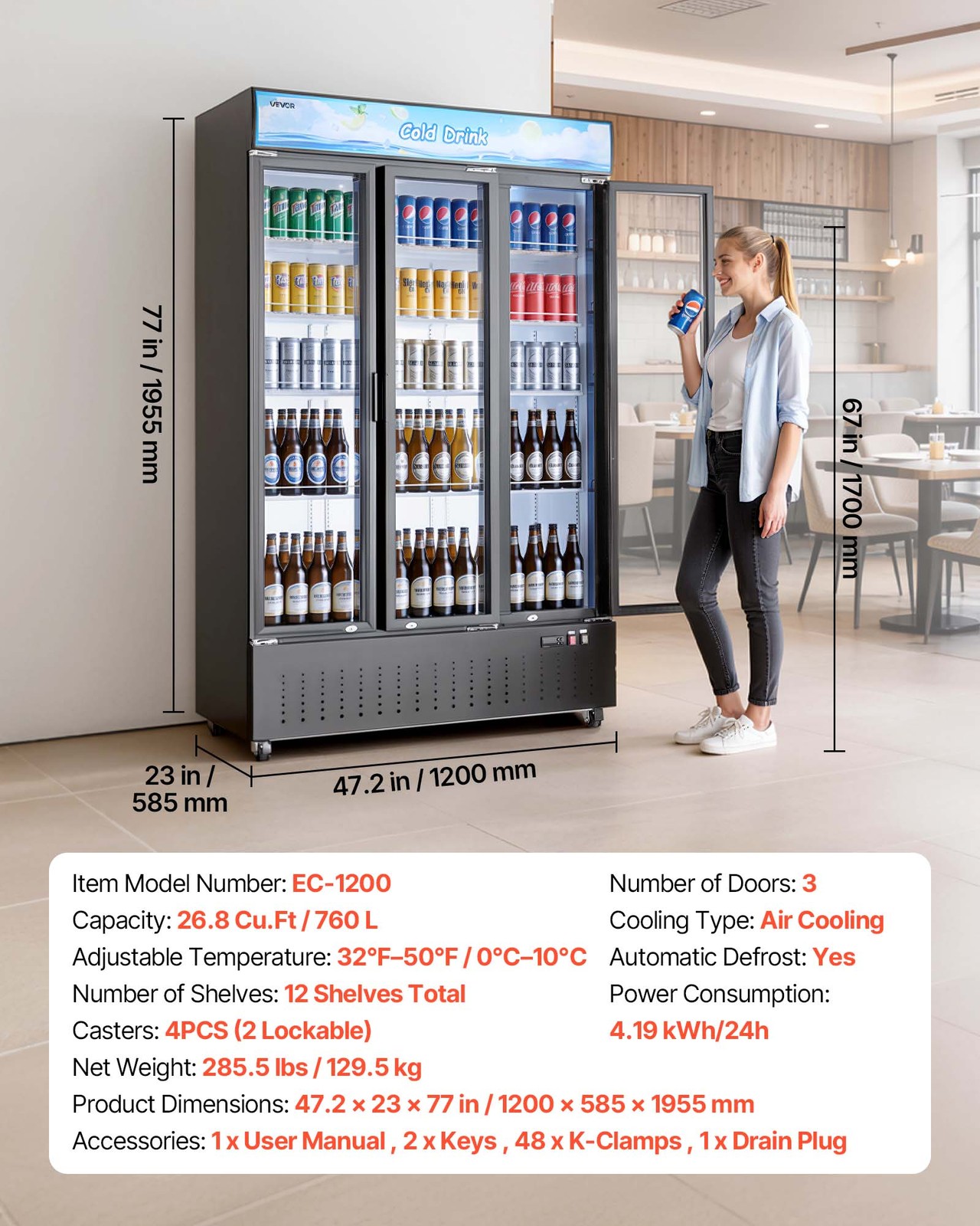 VEVOR Commercial Merchandiser Refrigerator 26.8 Cu.Ft 3-Door Beverage Cooler