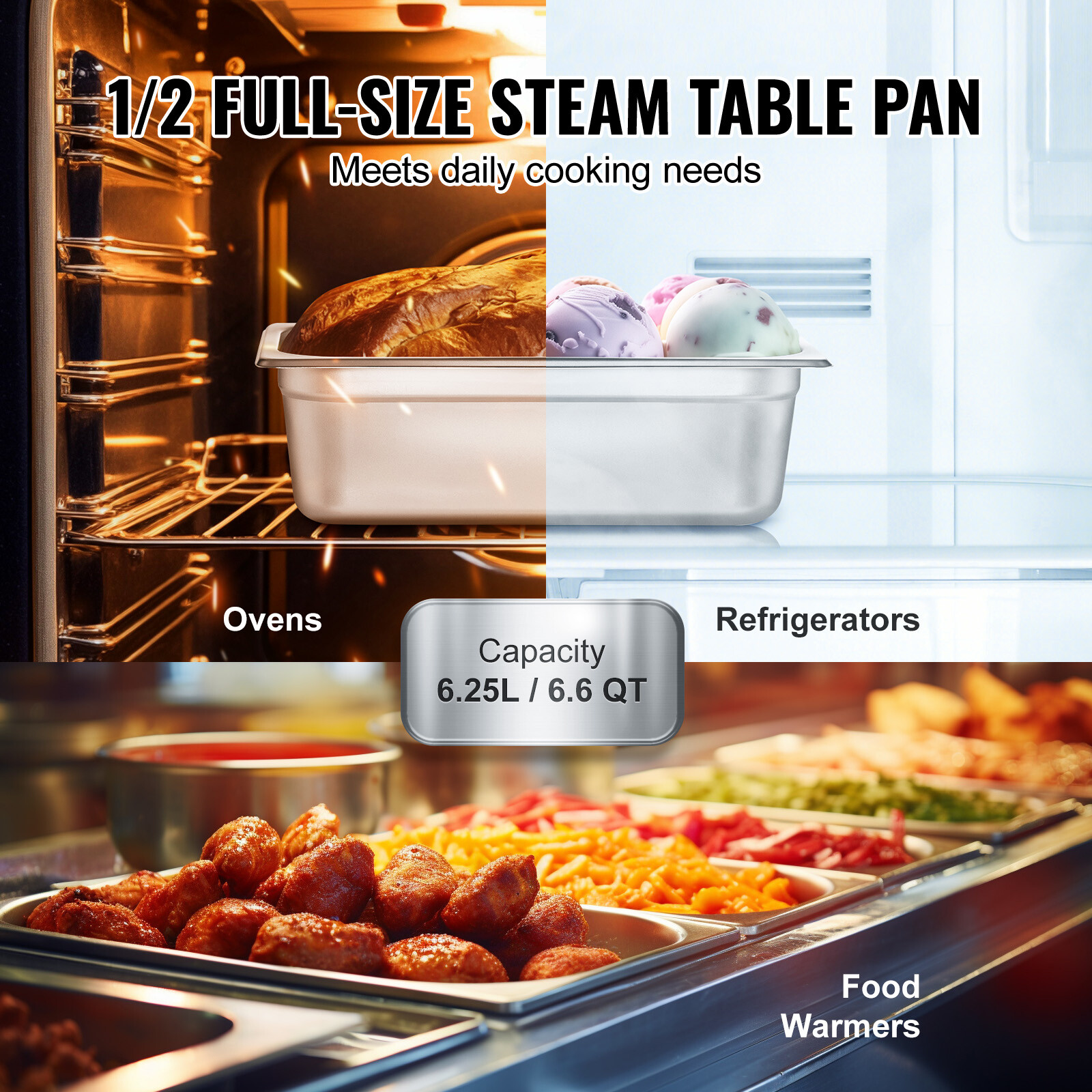 VEVOR 8 Pack 1/2 Size Hotel Pans Steam Table Pan Stainless Steel 4″ Deep Lid