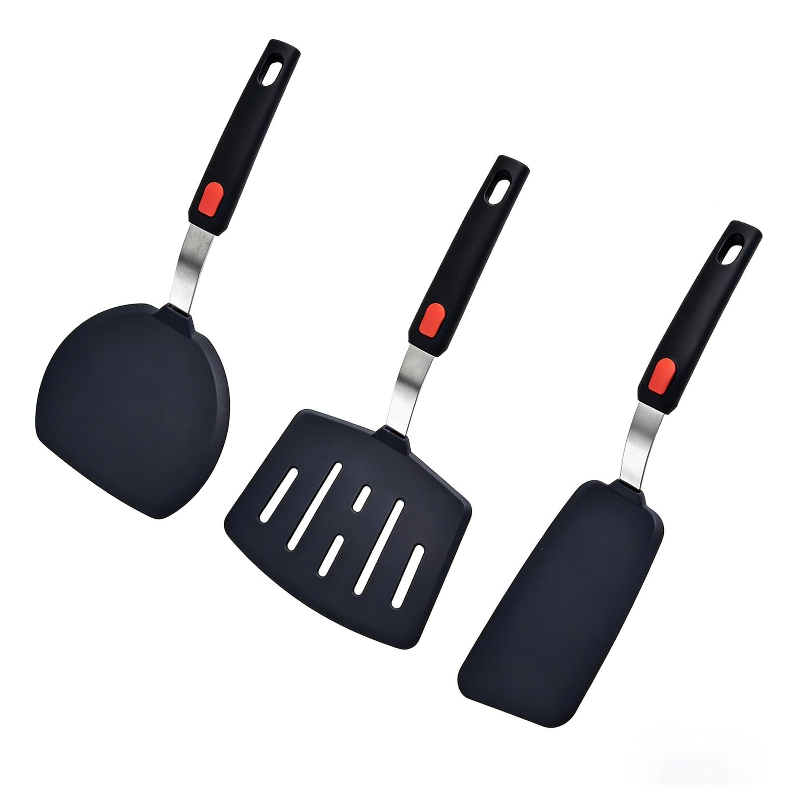 Silicone Spatula Turner Set of 3 for Nonstick Cookware, Large, Grey+Black