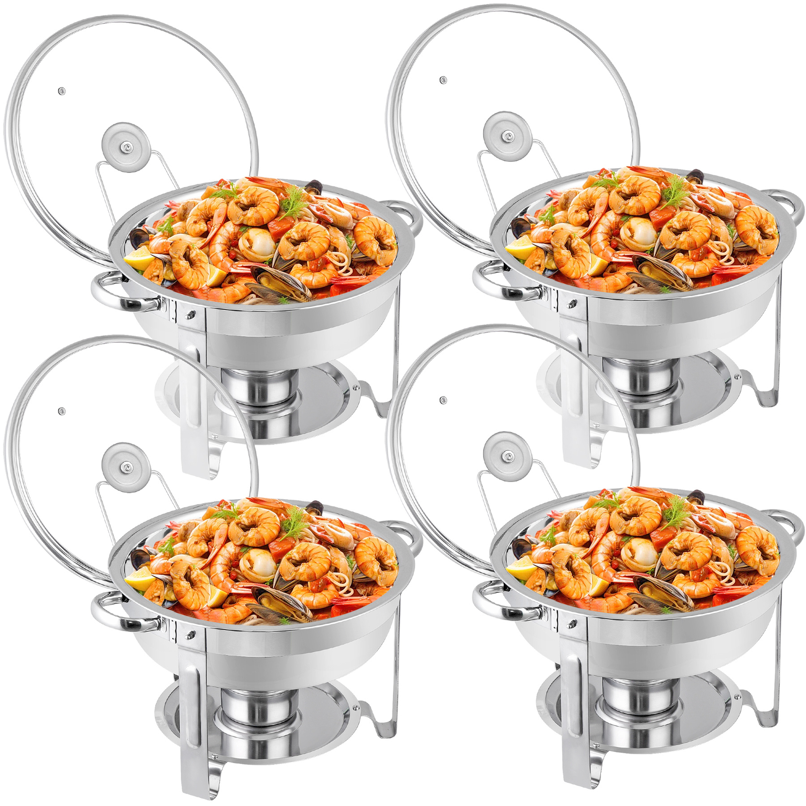 4 Packs Round Chafing Dish 5QT Stainless Steel Chafer Warmer Tray for Catering