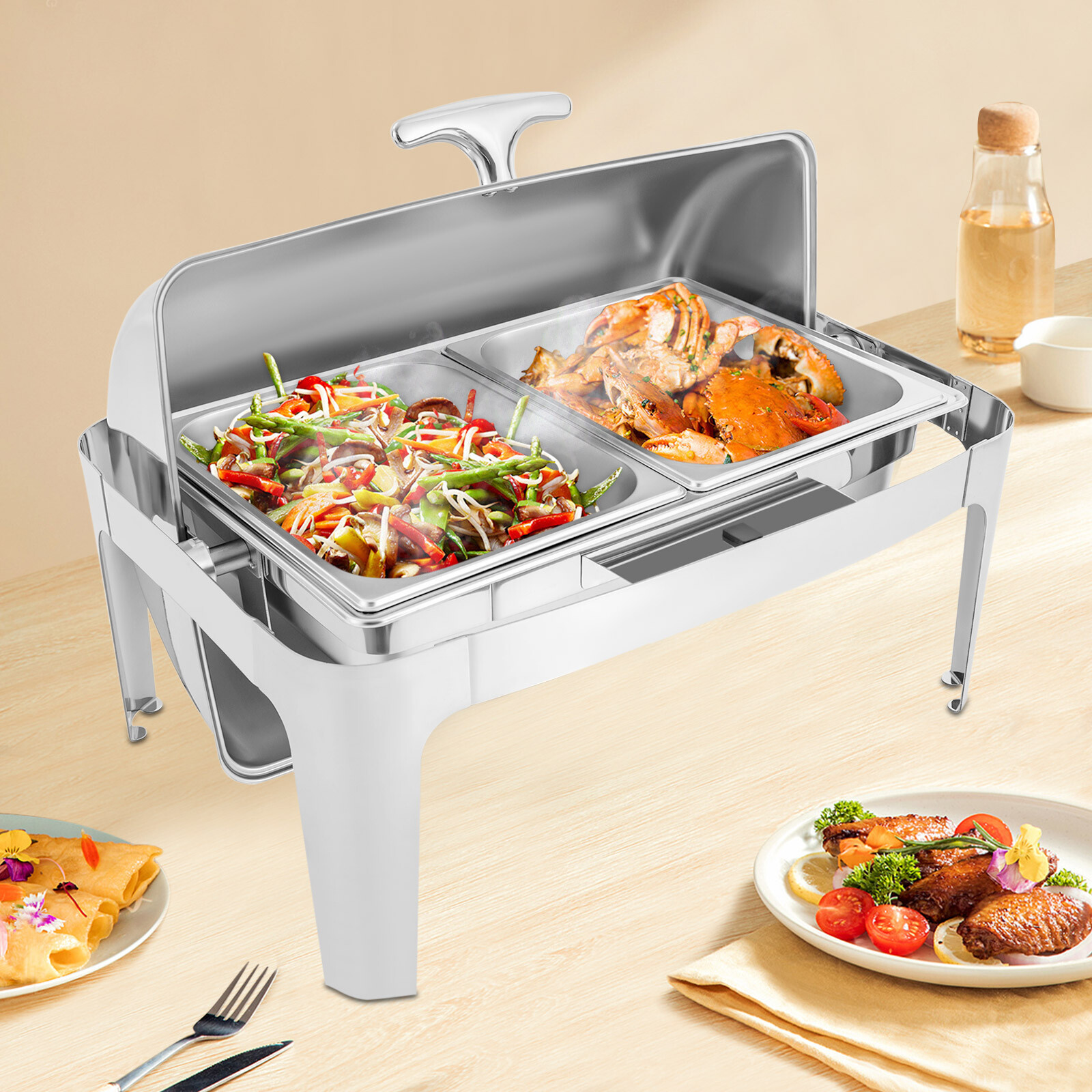 9.54QT Stainless Steel Chafer Buffet Chafing Dish Set Roll Top Food Warmer New!