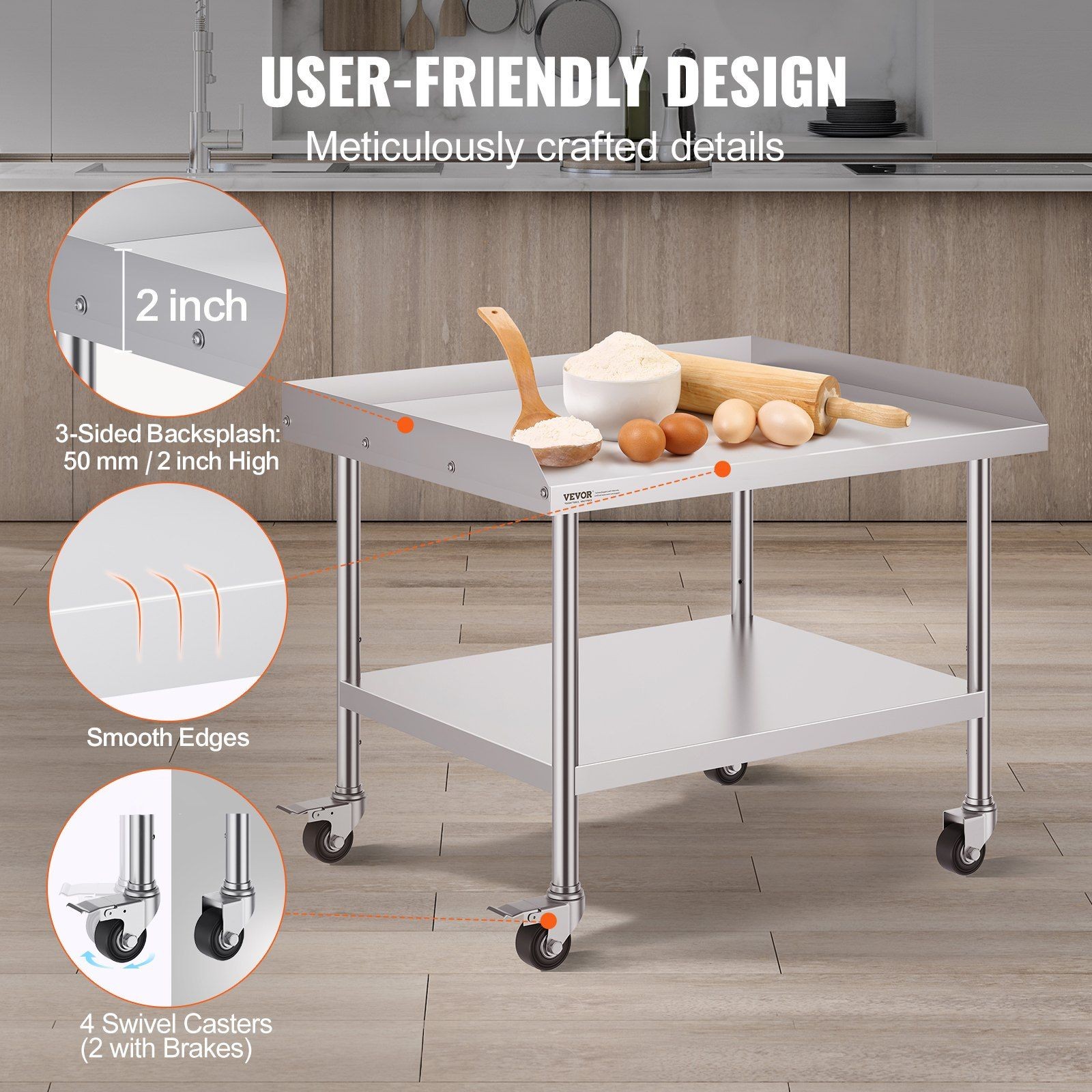 30x36x30in 3-Sided Backsplash Stainless Steel Work Table with 4 Wheels