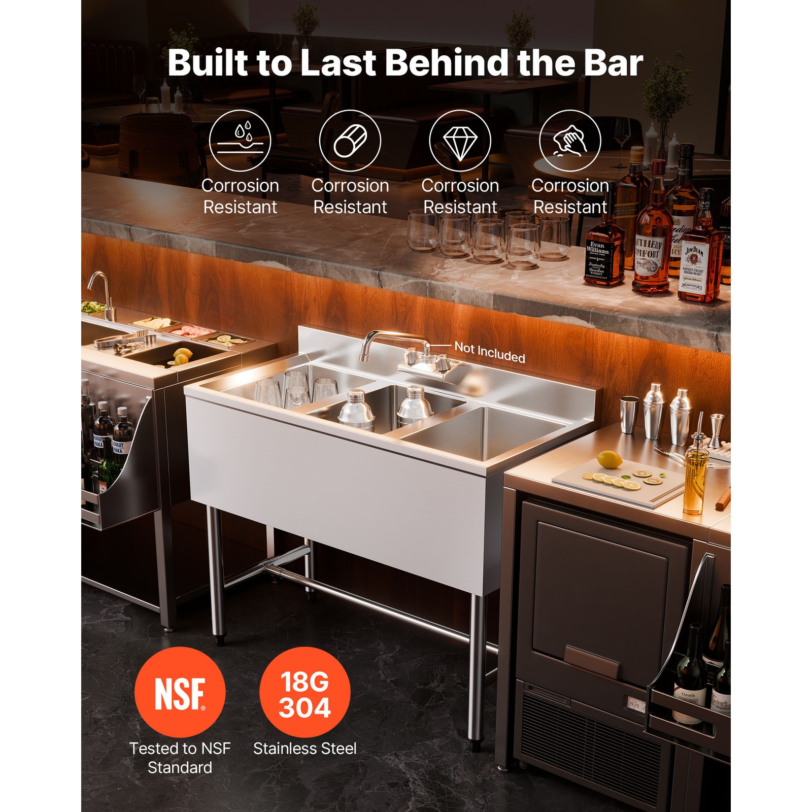 Uimoso 3-Basin Stainless Steel Sink for Commercial Kitchens, 38.5″
