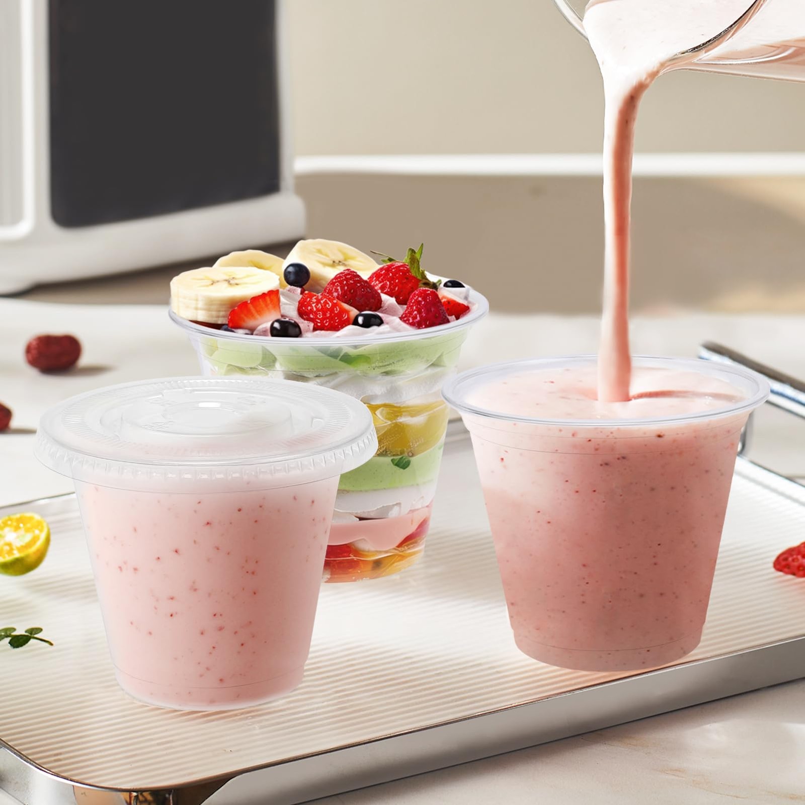 BYSNOW 100 Pack 9 oz Clear Plastic Cups With Flat 100Pack-Flat Lids,