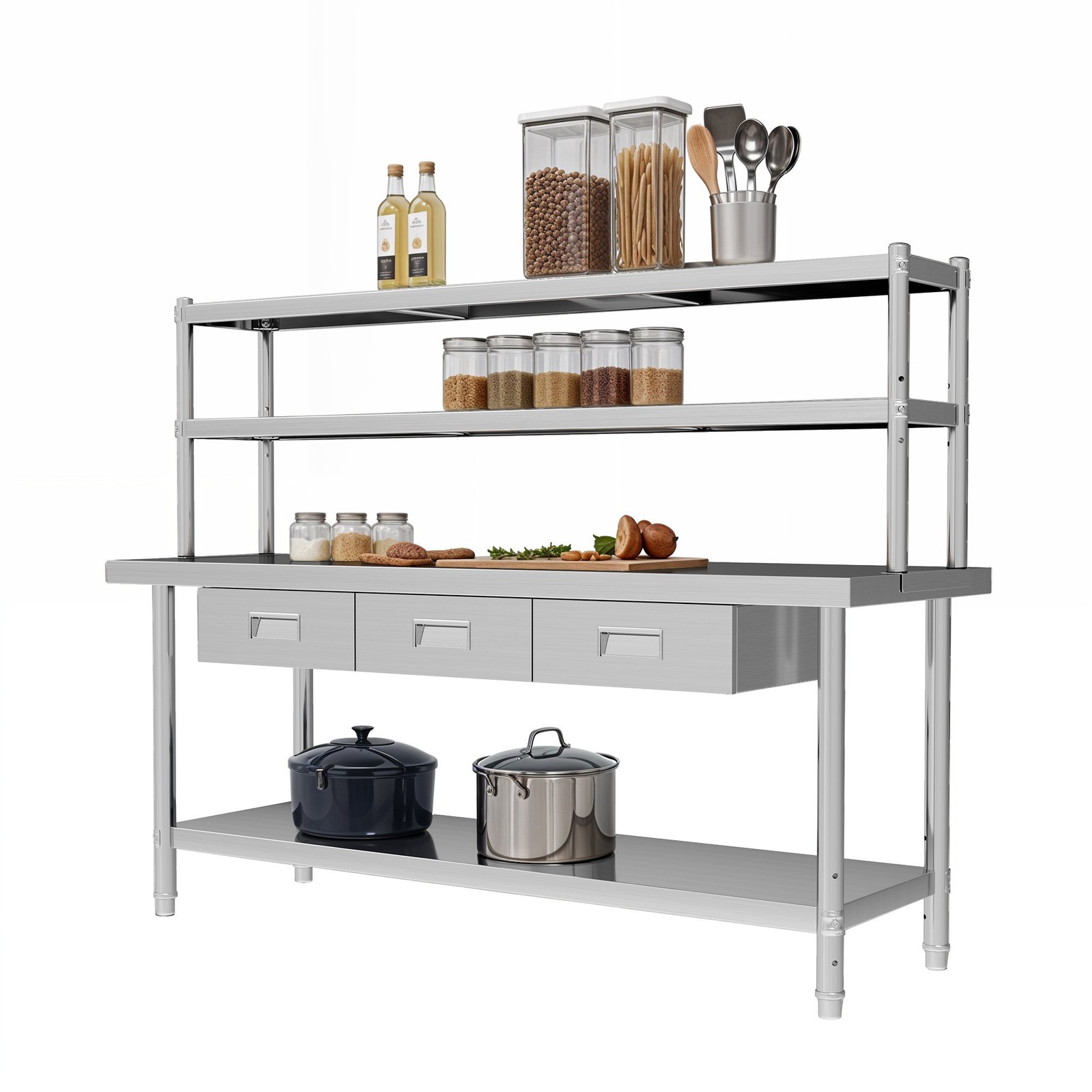 72″ X 24″ Worktable Stainless Steel Table with Overshelves with 72″ X 12″ Shelf