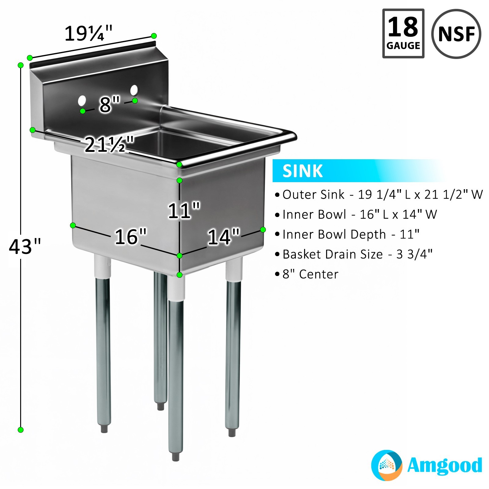 20 in. x 22 in. Stainless Steel One Compartment Sink with 14 in. x 16 in. Bowl