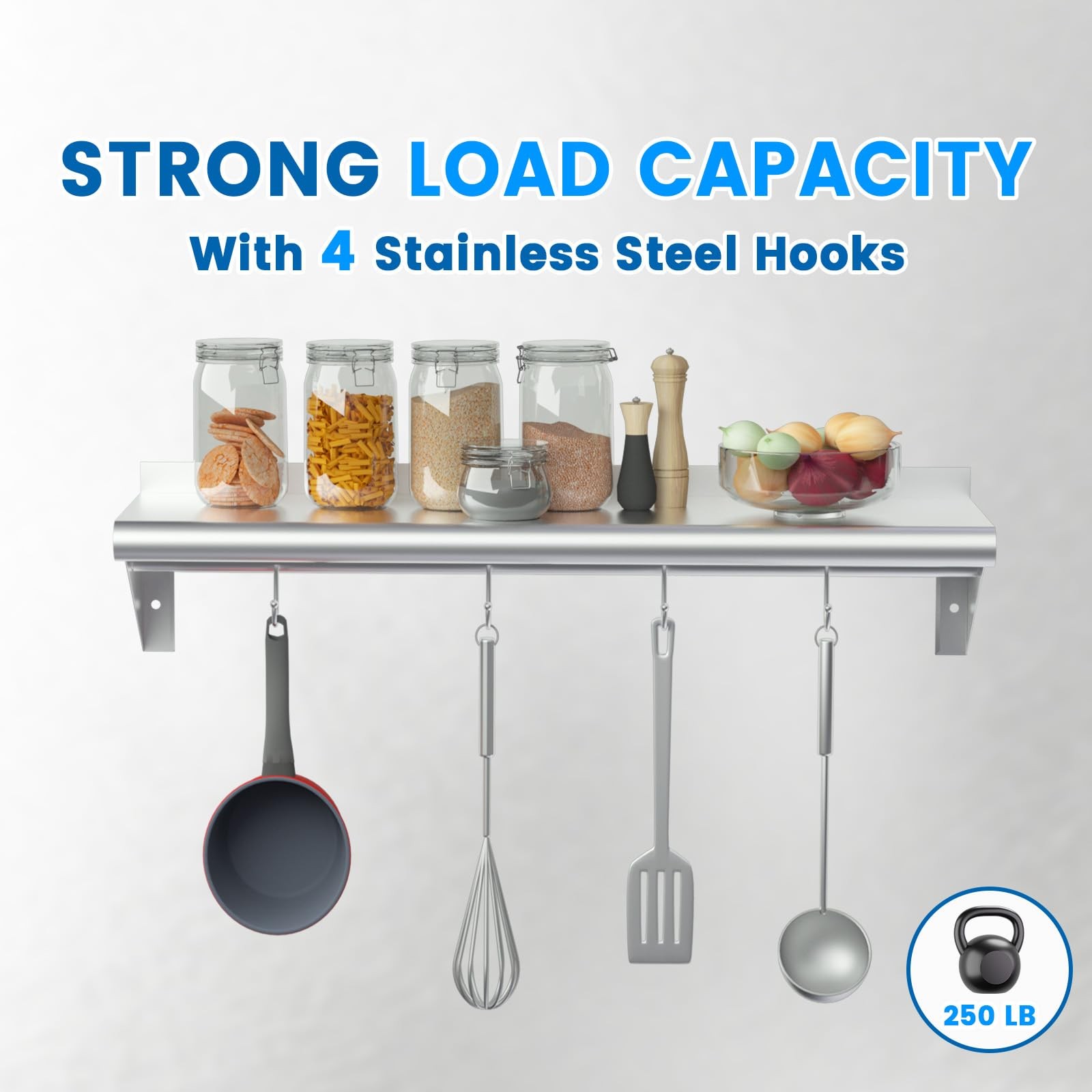 Treshin Stainless Steel Shelf with 4 Hooks 14 x 24 Inches, 14″ x 24″, Silvery