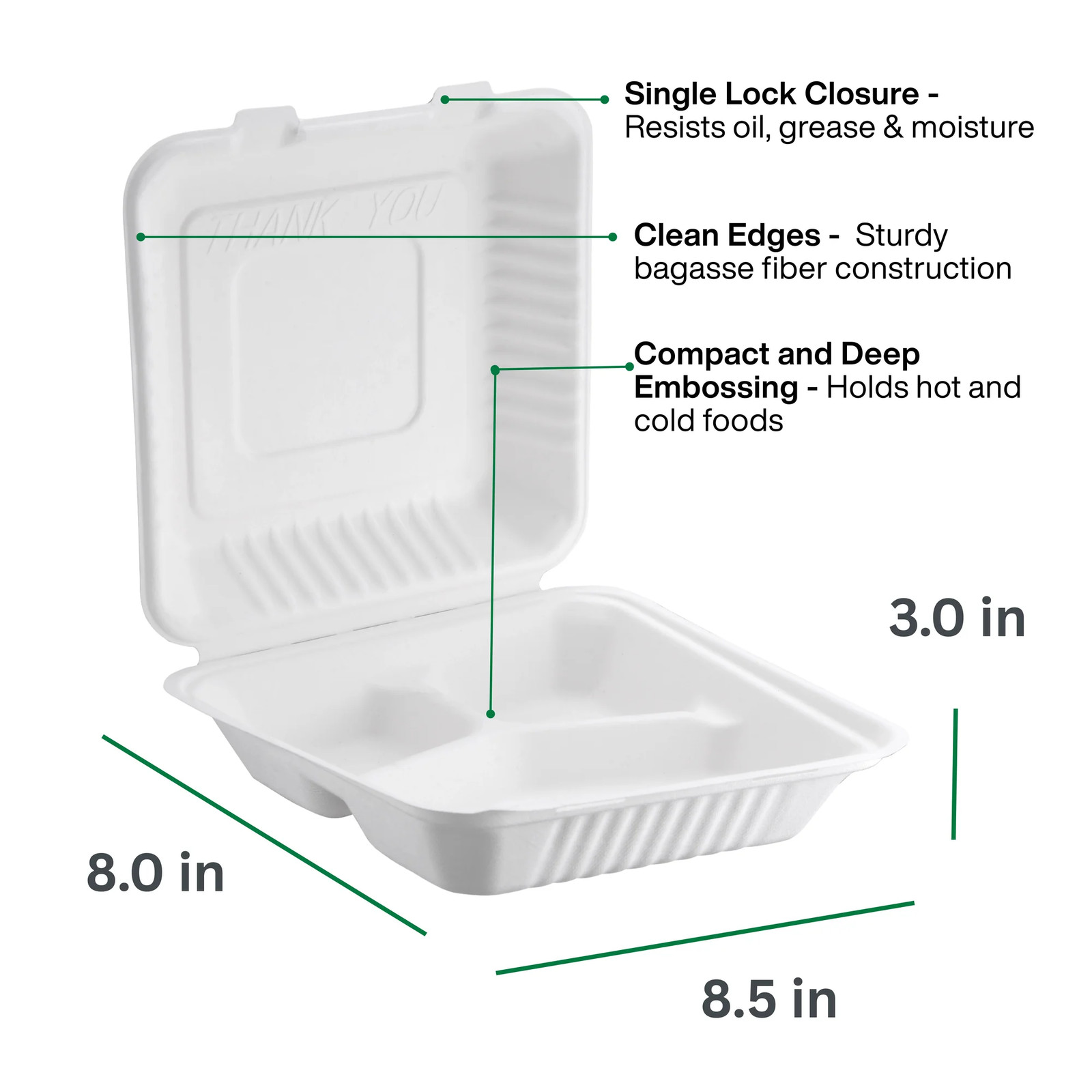 ProTakeOut, [9″ x 9″] 3-Compartment Bagasse | 200 Pack (100/2) Hinged Containers