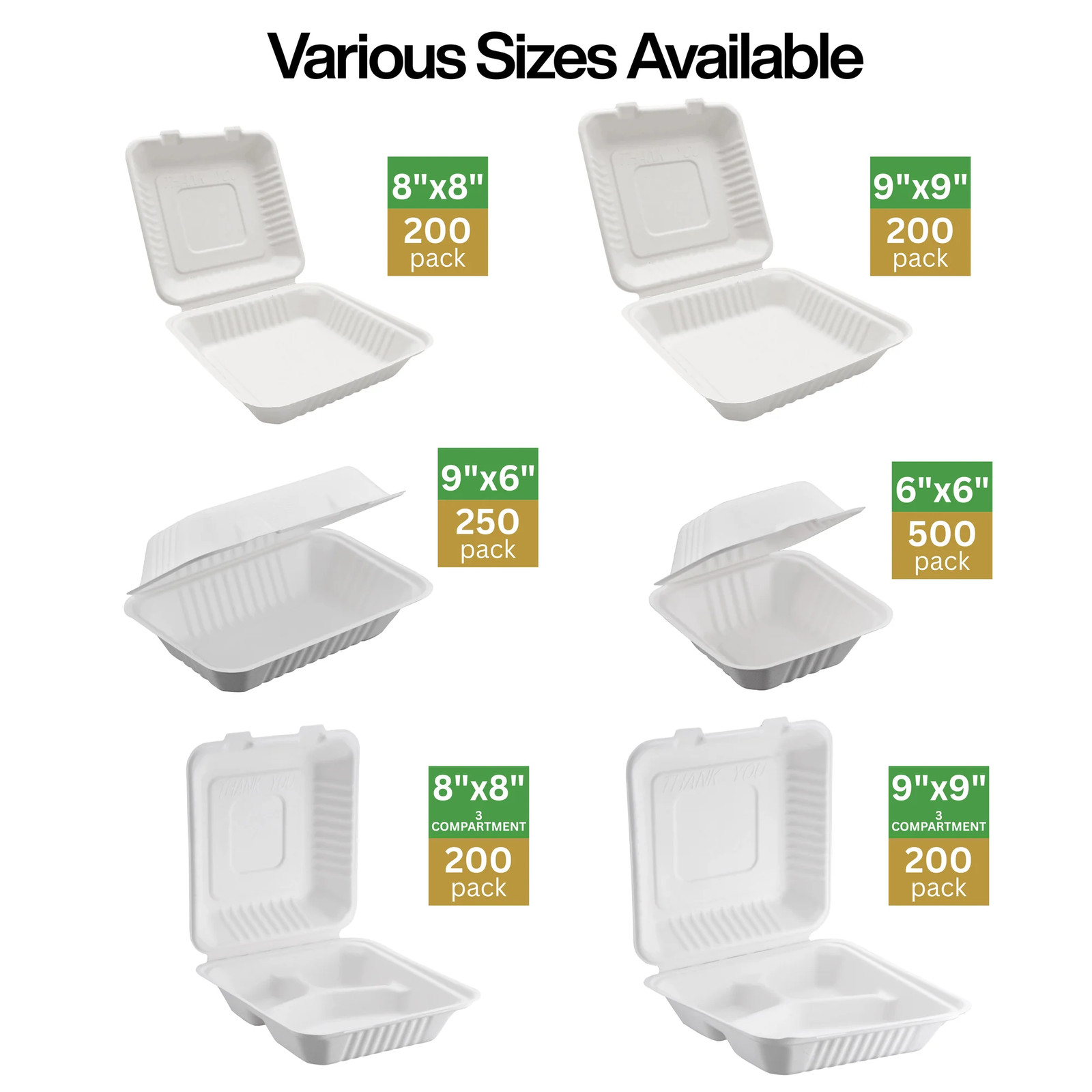 ProTakeOut, [9″ x 9″] 3-Compartment Bagasse | 200 Pack (100/2) Hinged Containers