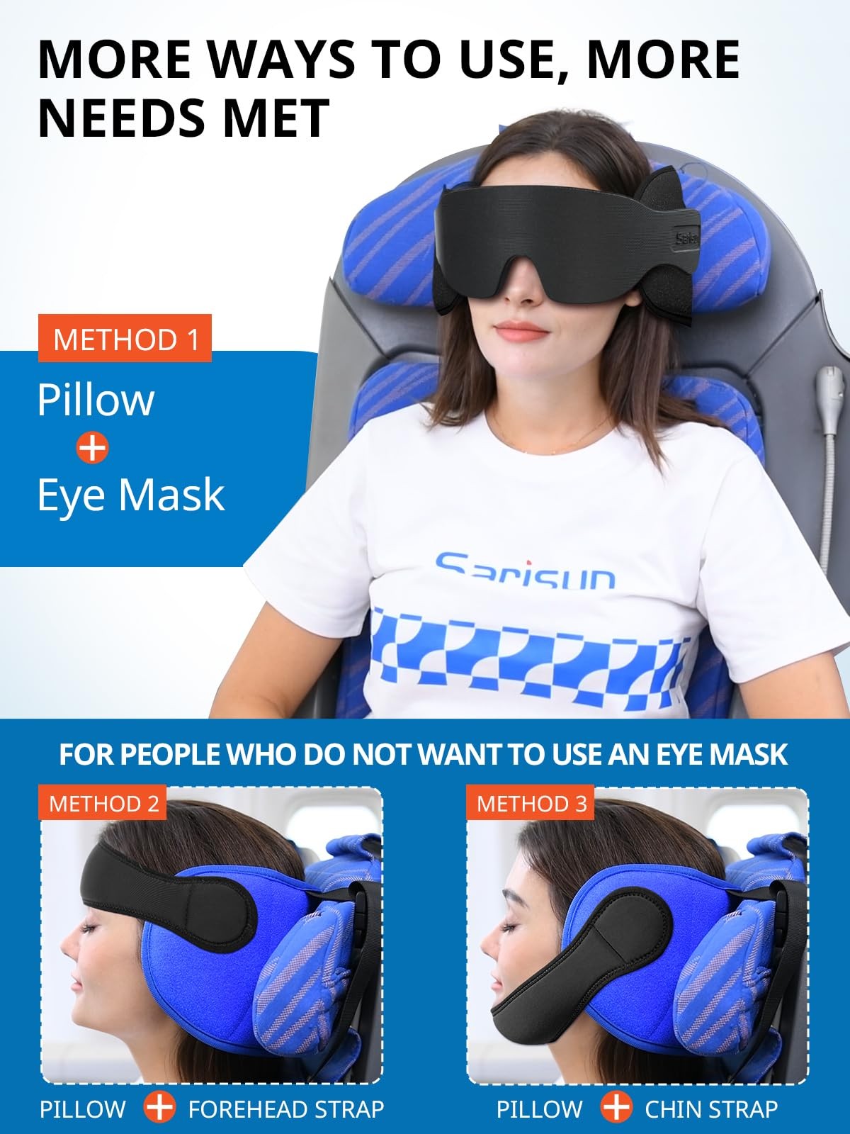 SARISUN Travel Pillows for Airplanes with Sleep Eye Mask, Chin Strap, Airplane P