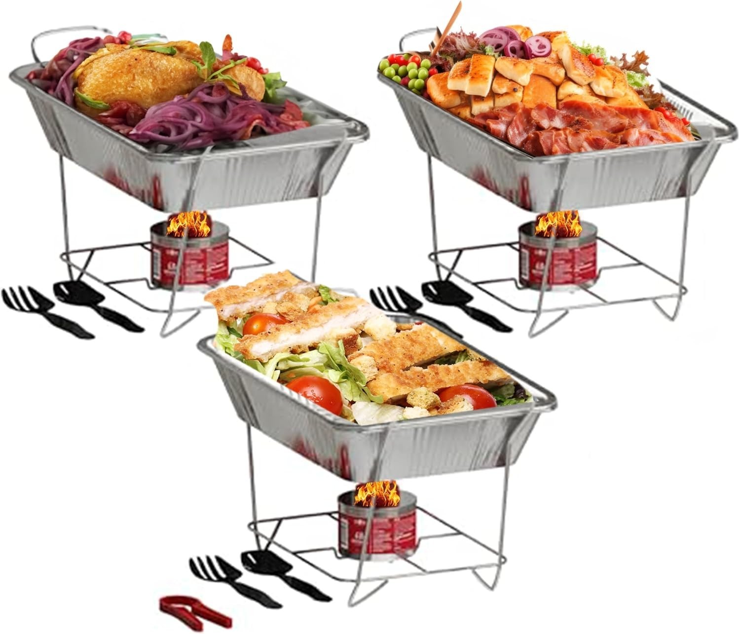 Durable Food Warmers Buffet Set with Utensils, Fuel, and Wire Stands – 3 Pack
