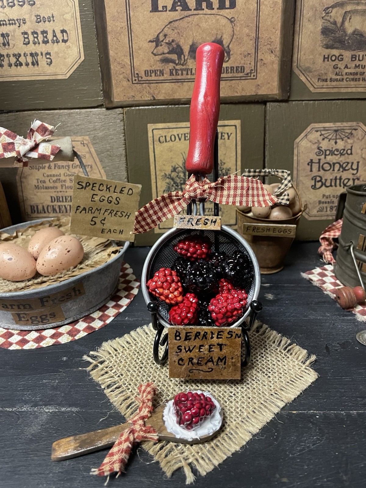 PRIMITIVE FARMHOUSE KITCHEN DECOR REPURPOSED SIFTER STRAINER BERRIES N CREAM