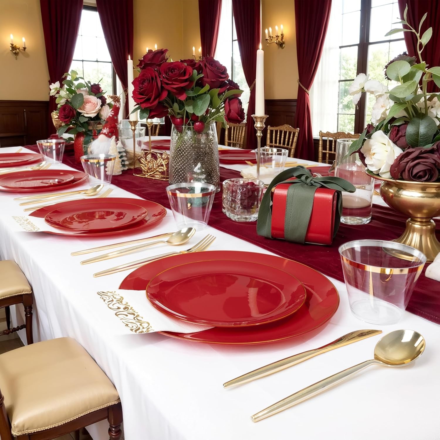 MirthMood 210pcs Red Plastic Plates,Disposable Red Gold Party Plates,Include 30