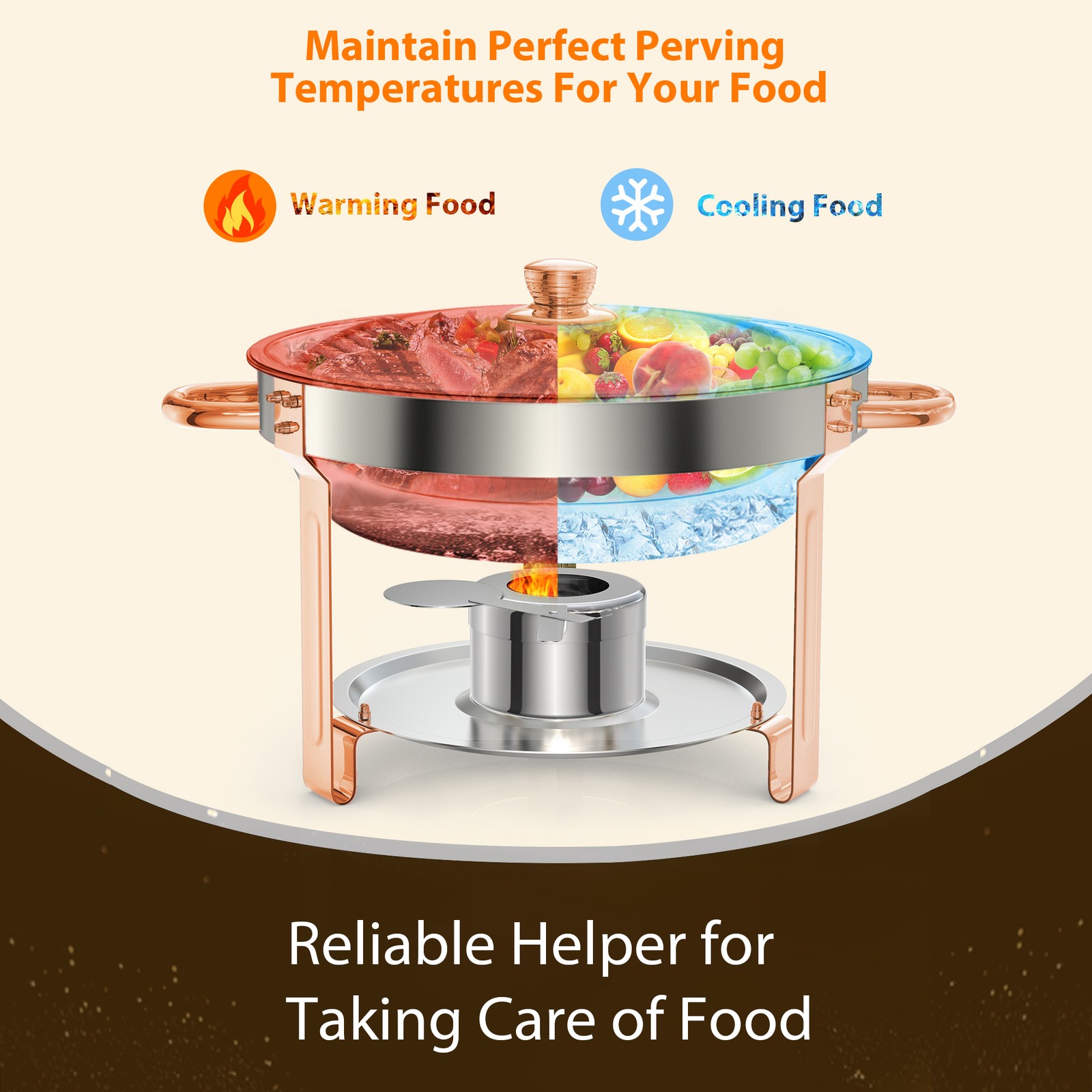 Rose Gold 5QT Chafing Dish Set 4 Pack Stainless Steel Buffet Warmer W/Lid Holder