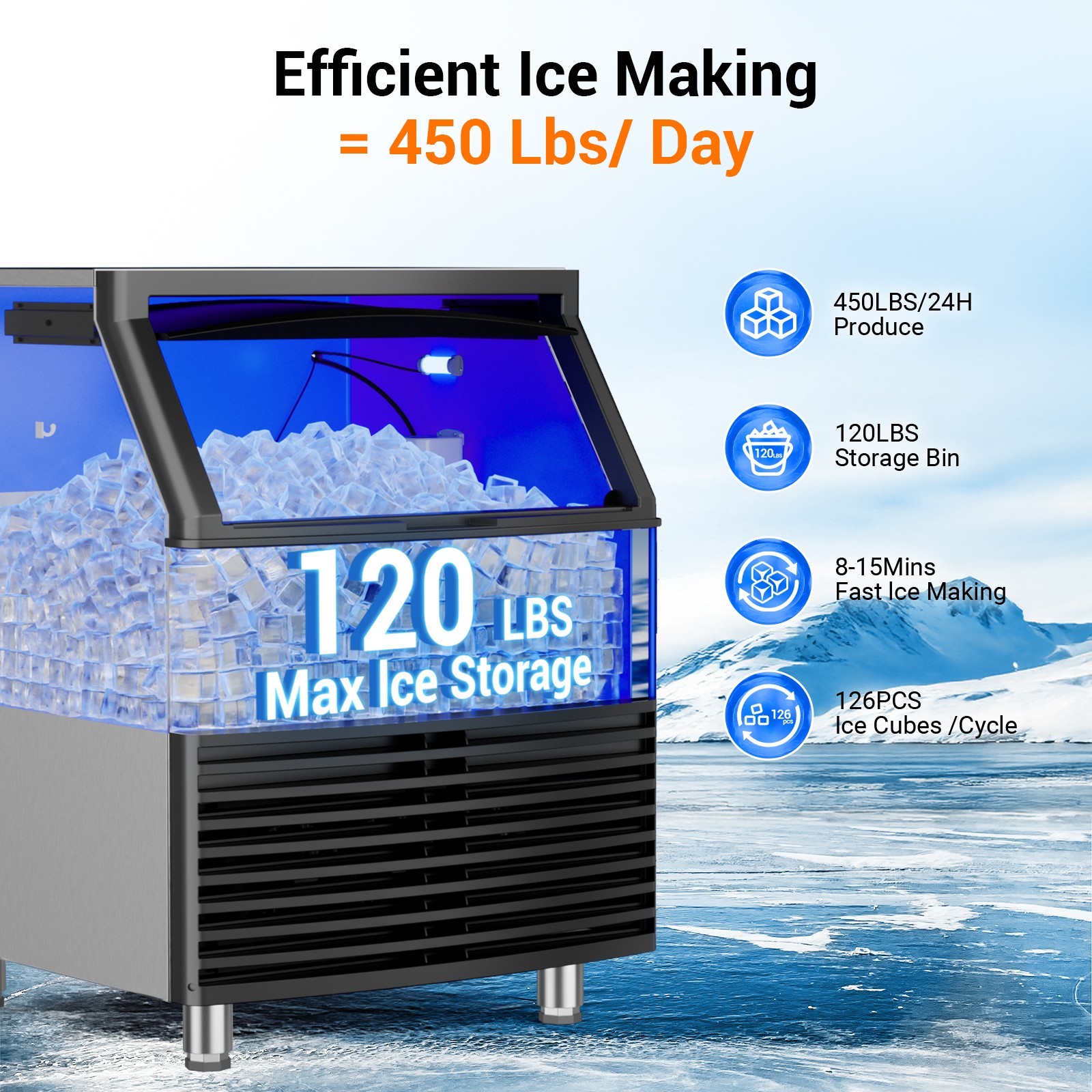 Commercial Ice Maker Machine 450LBS/24H Built-in Ice Maker with 120LBS Storage