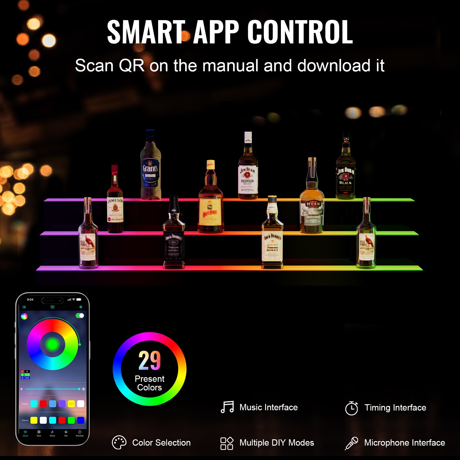 VEVOR LED Lighted Liquor Bottle Display Bar Shelf RF & App Control 48″ 3-Step