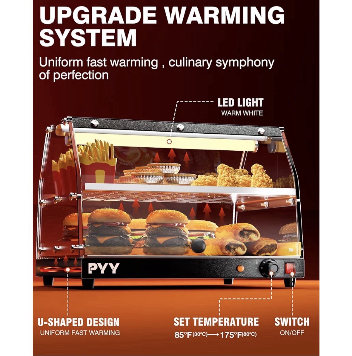 PYY Commercial Food Warmer Display| 2 Tier| LED Lightening