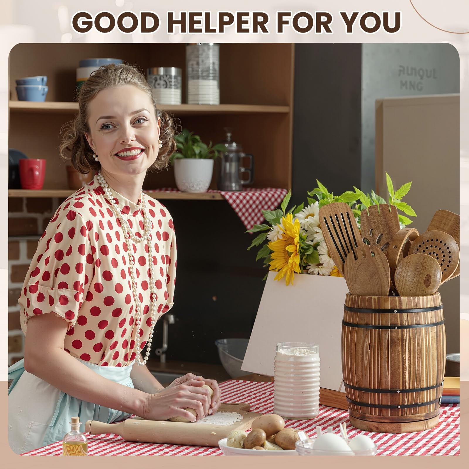 Honeydak Wooden Utensil Holder for Kitchen Counter, 360� Rotating Wine Barrel De