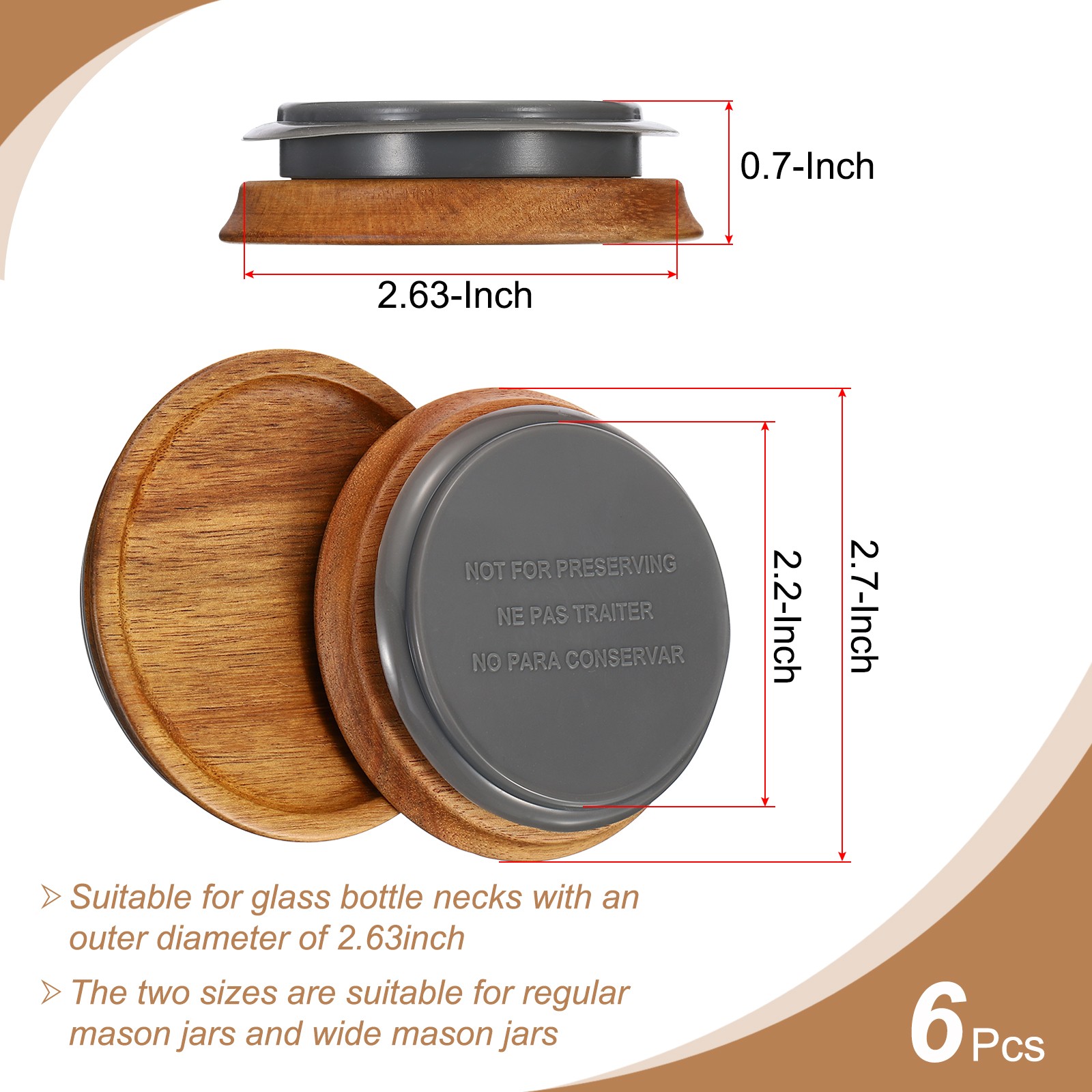 Regular Mouth Mason Jar Lids Wooden Storage Canning Jar Lids Bamboo Lid (6 PCS）
