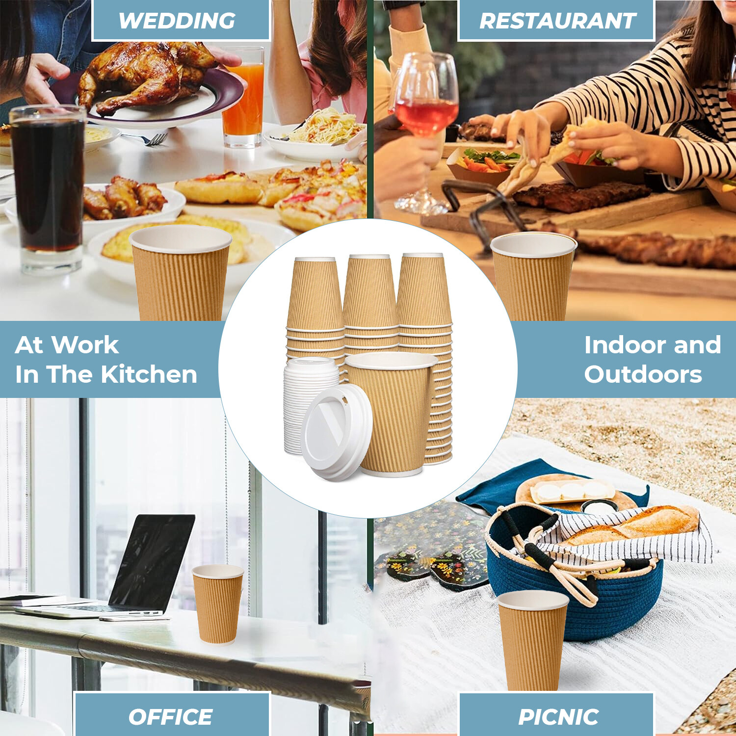 Ripple Disposable Coffee Cups with Lids – Brown Paper Takeaway Hot Cold 4-16oz